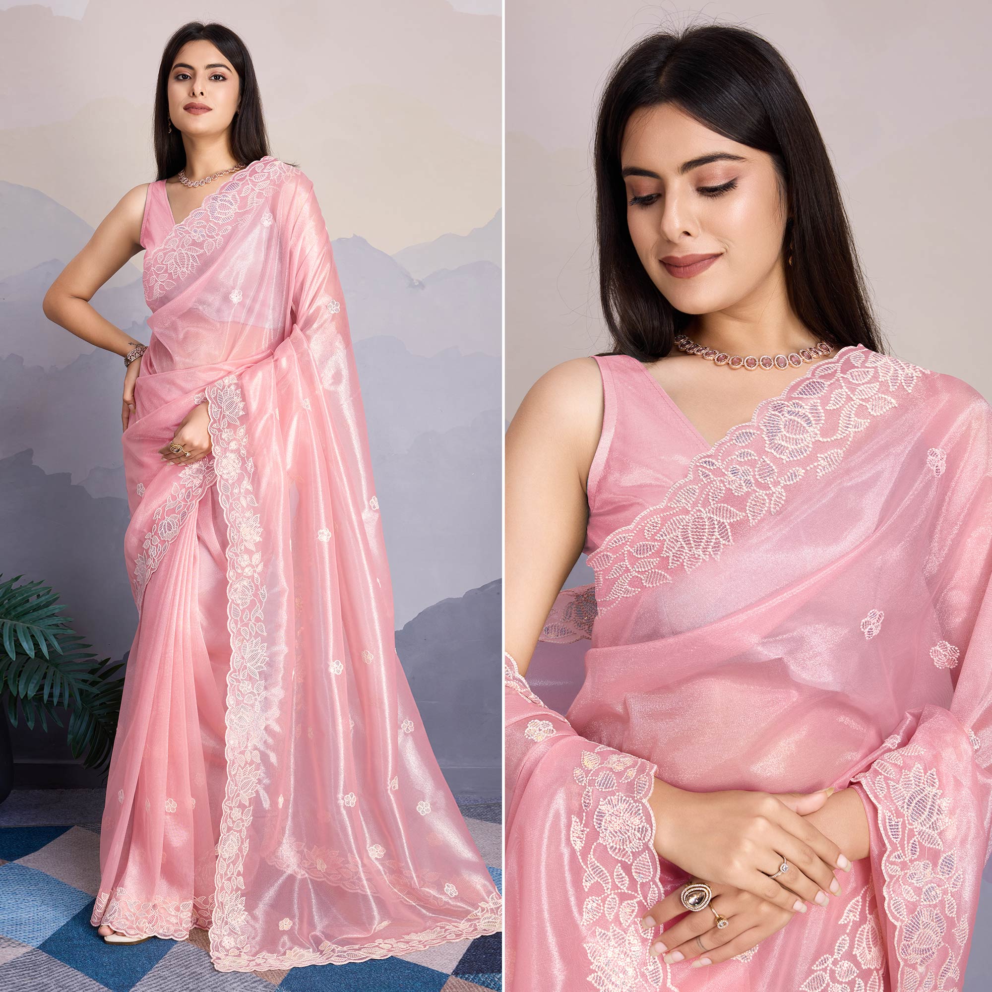 Baby Pink Floral Sequins Embroidered Twill Net Saree