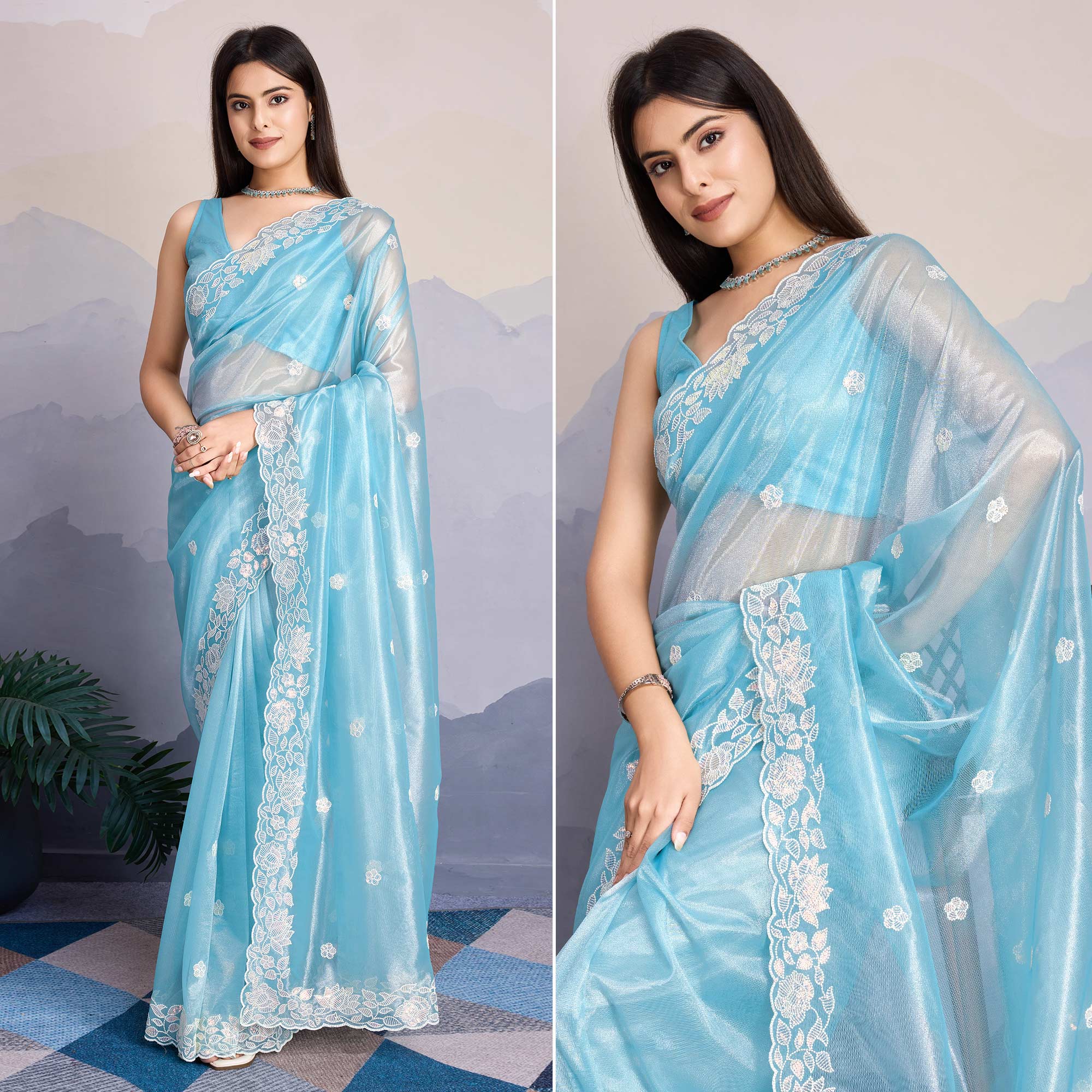 Blue Floral Sequins Embroidered Twill Net Saree