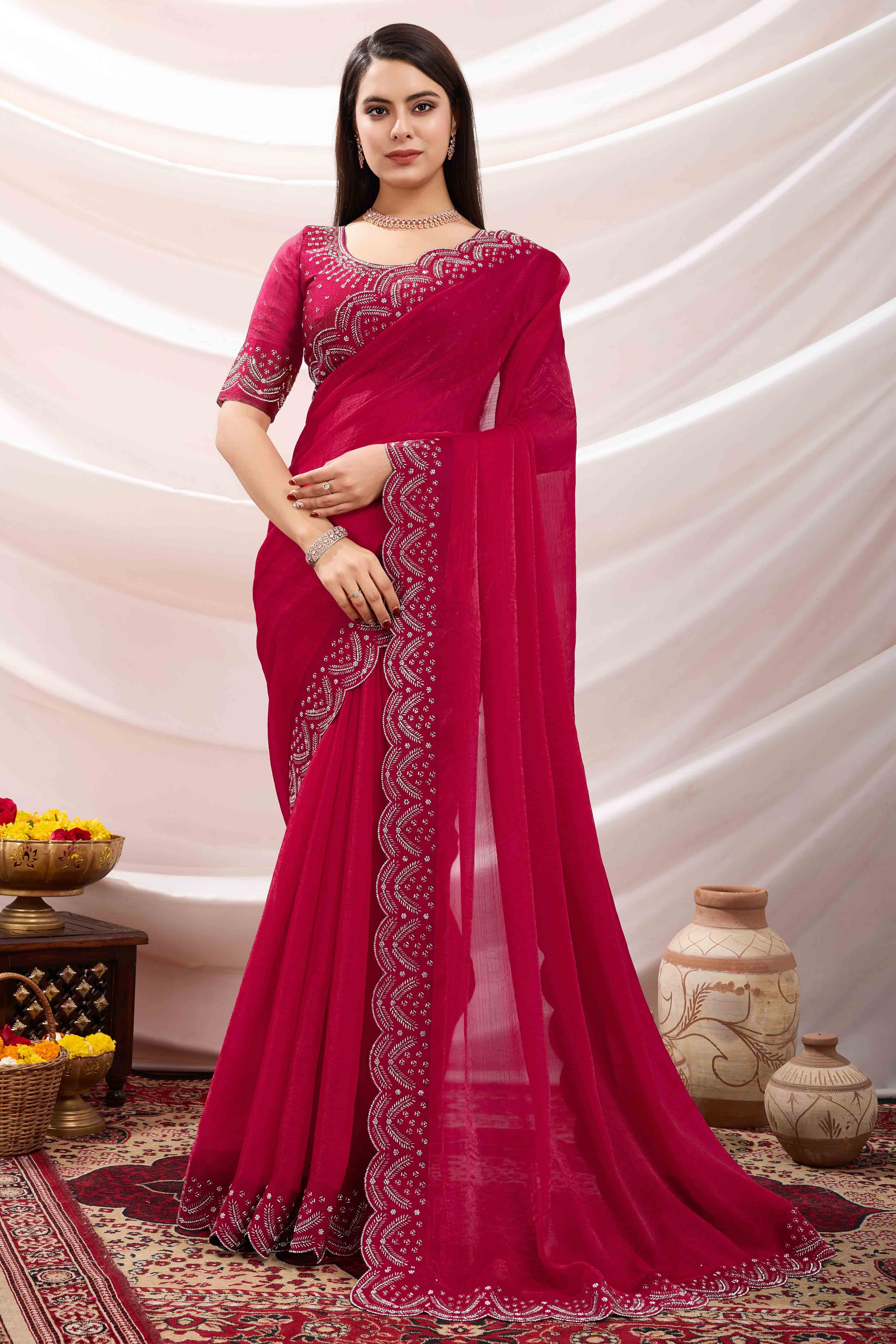 Pink Stone Work Embroidered Velvet Chiffon Saree