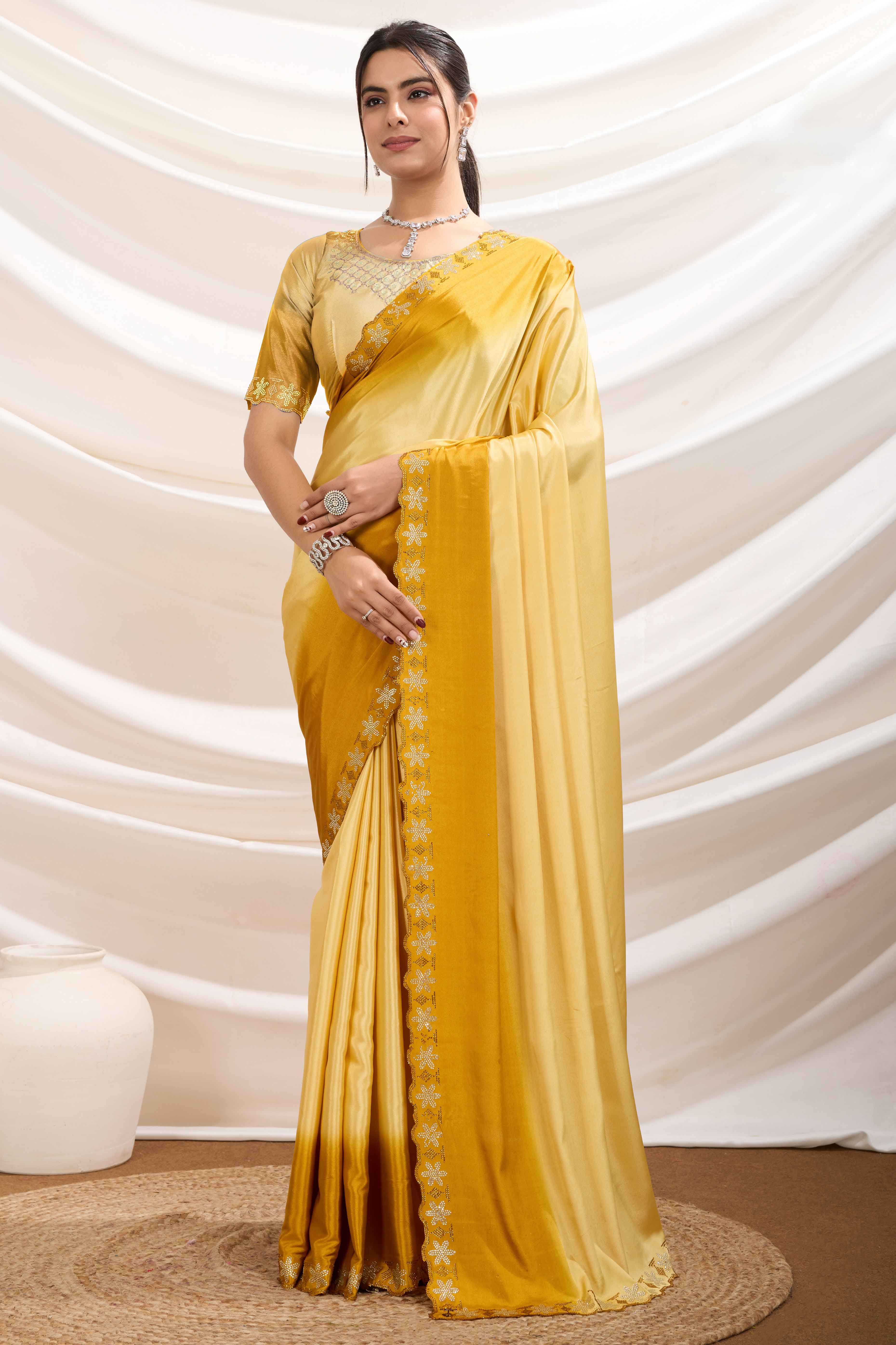 Gold Two Tone Ombre Crepe Saree With Exquisite Floral Stonework