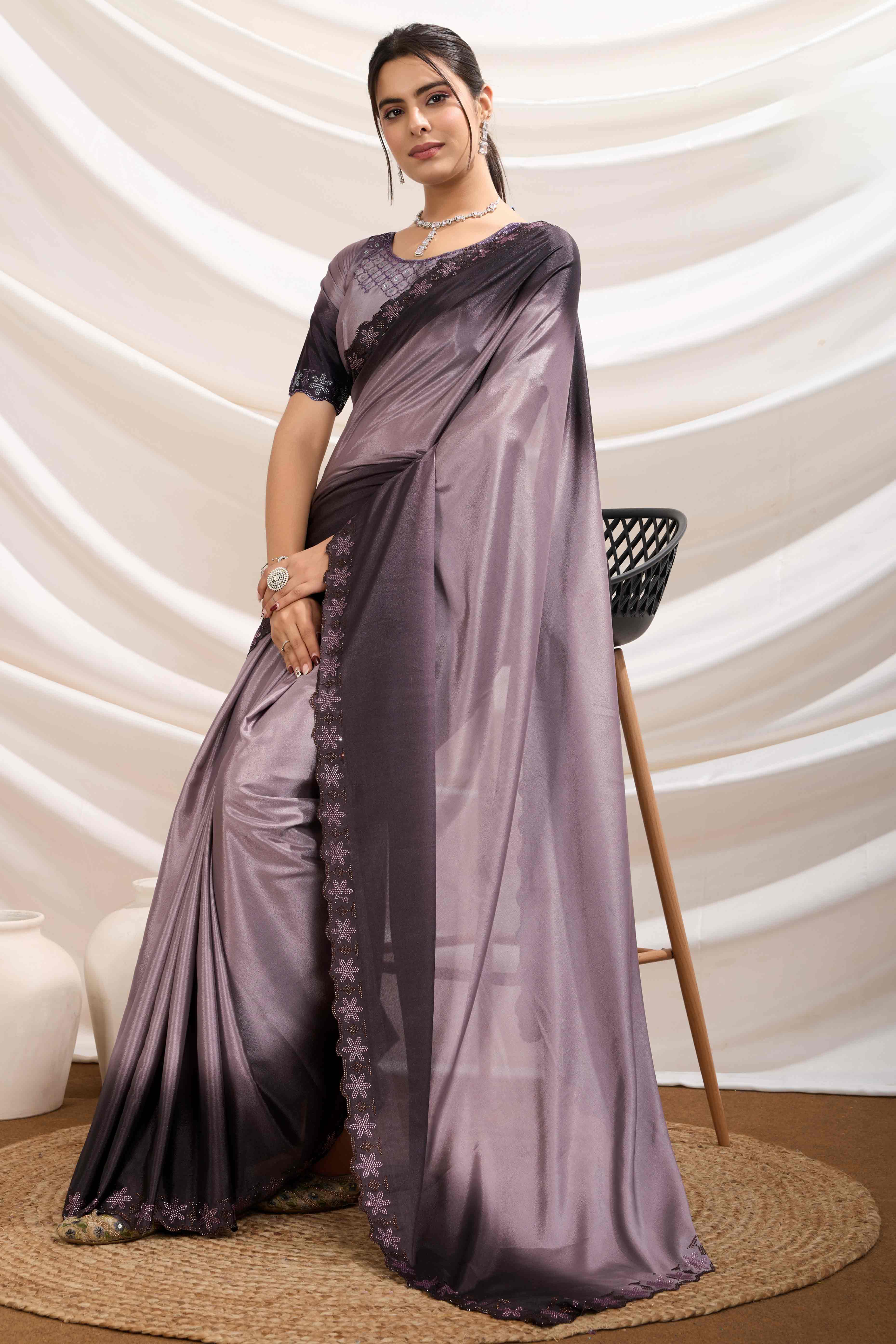 Wine Two Tone Ombre Crepe Saree With Exquisite Floral Stonework