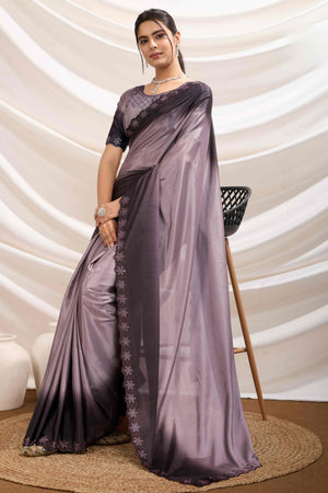 Wine Two Tone Ombre Crepe Saree With Exquisite Floral Stonework