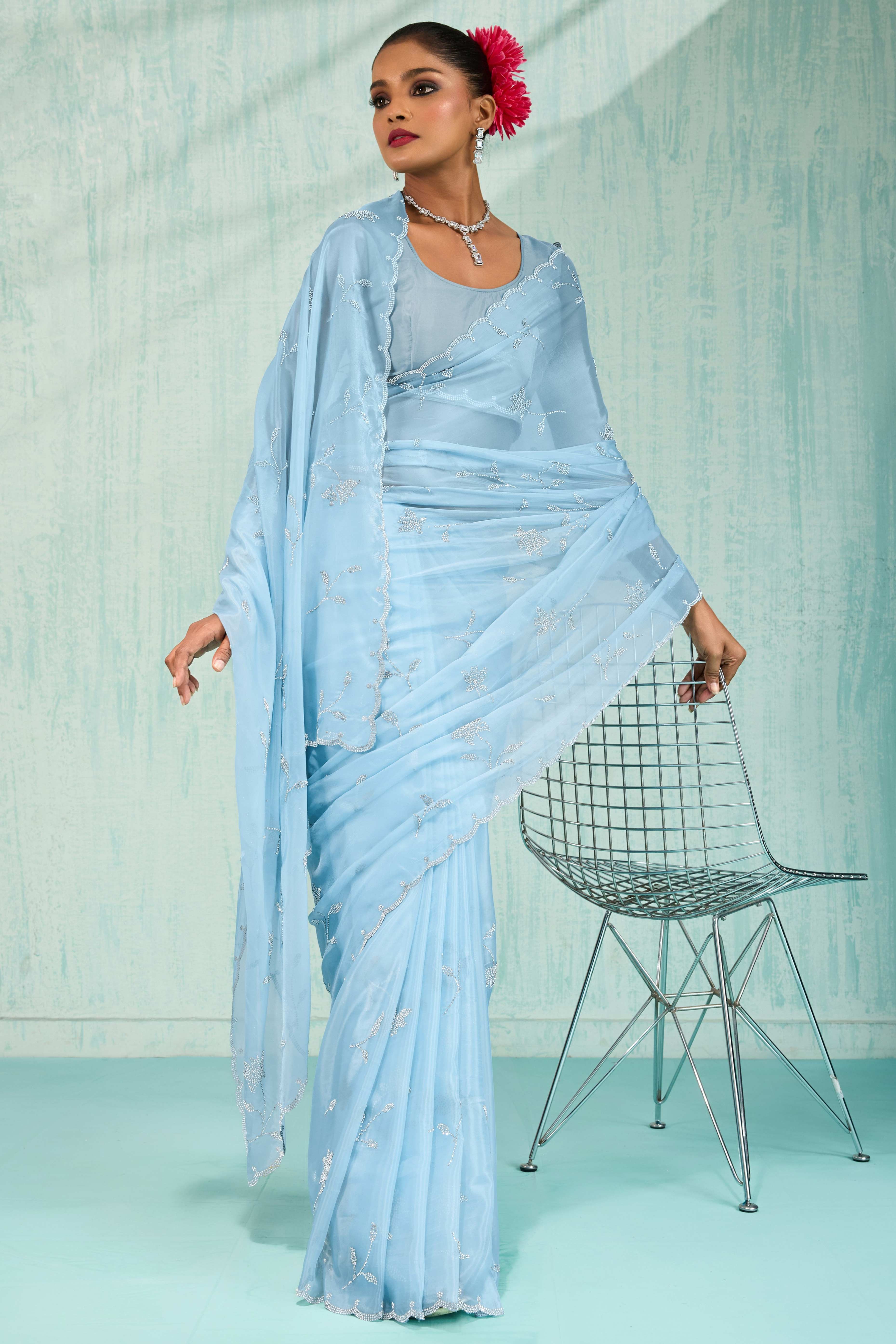 Sky Blue Embellished Viscose Saree Featuring Luxe Crystal Detailing