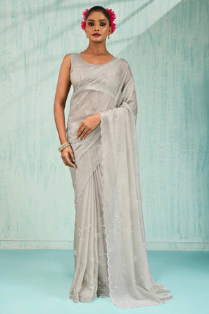 Grey Embellished Viscose Saree Featuring Luxe Crystal Detailing