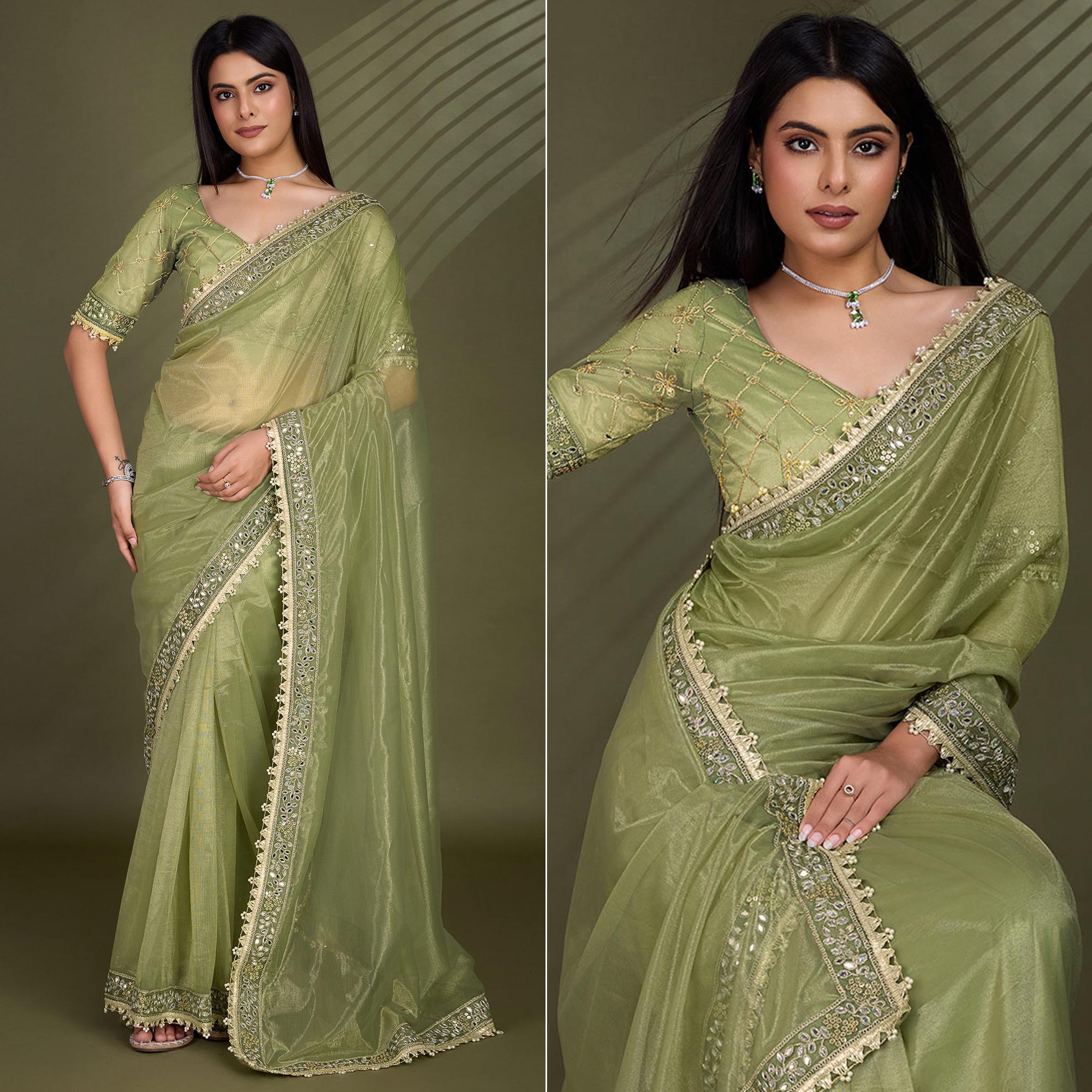 Green Sequins Embroidery With Mirror Handwork Twill Net Saree