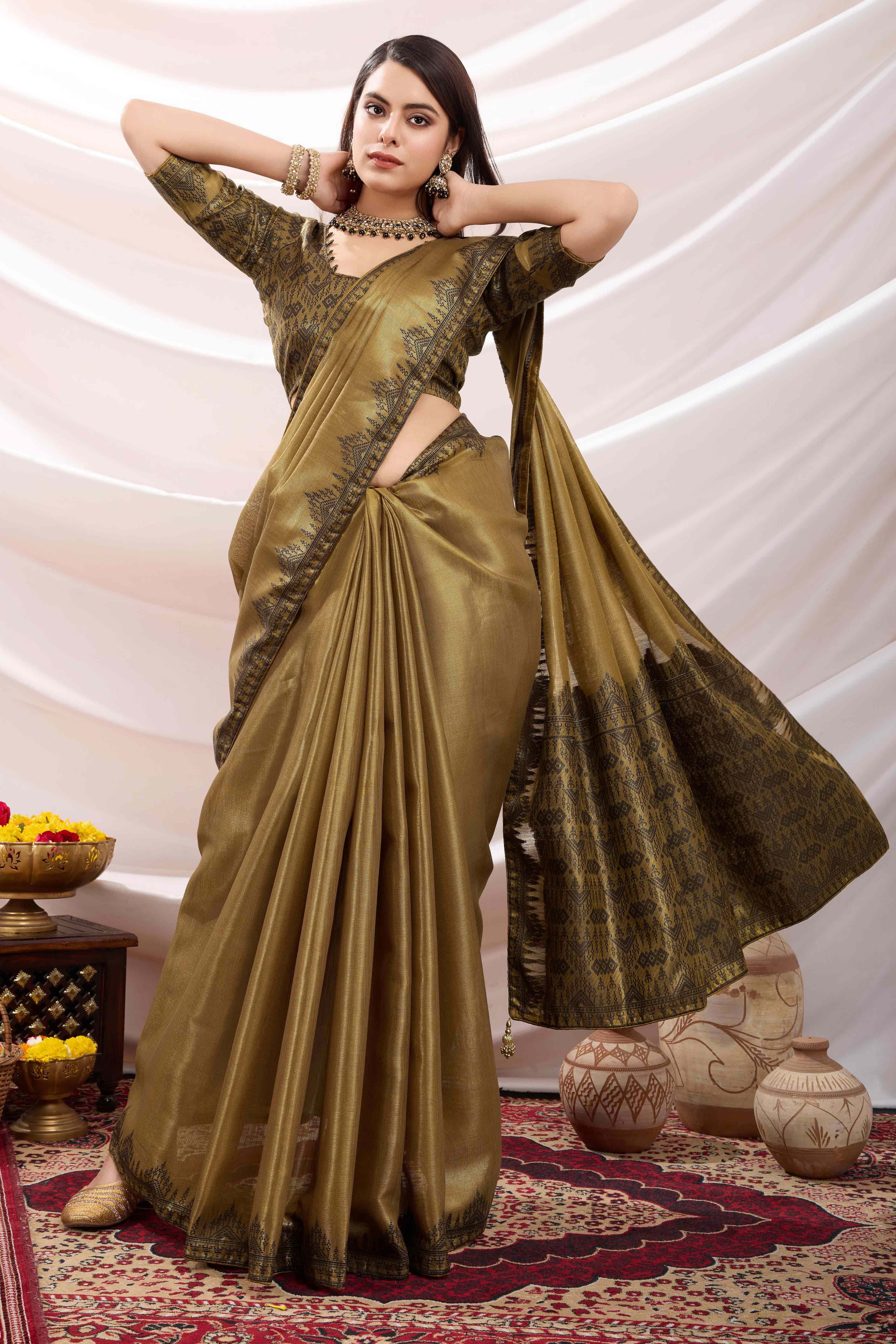 Mehendi Green Festive Linen Tissue Saree with Zari Borders