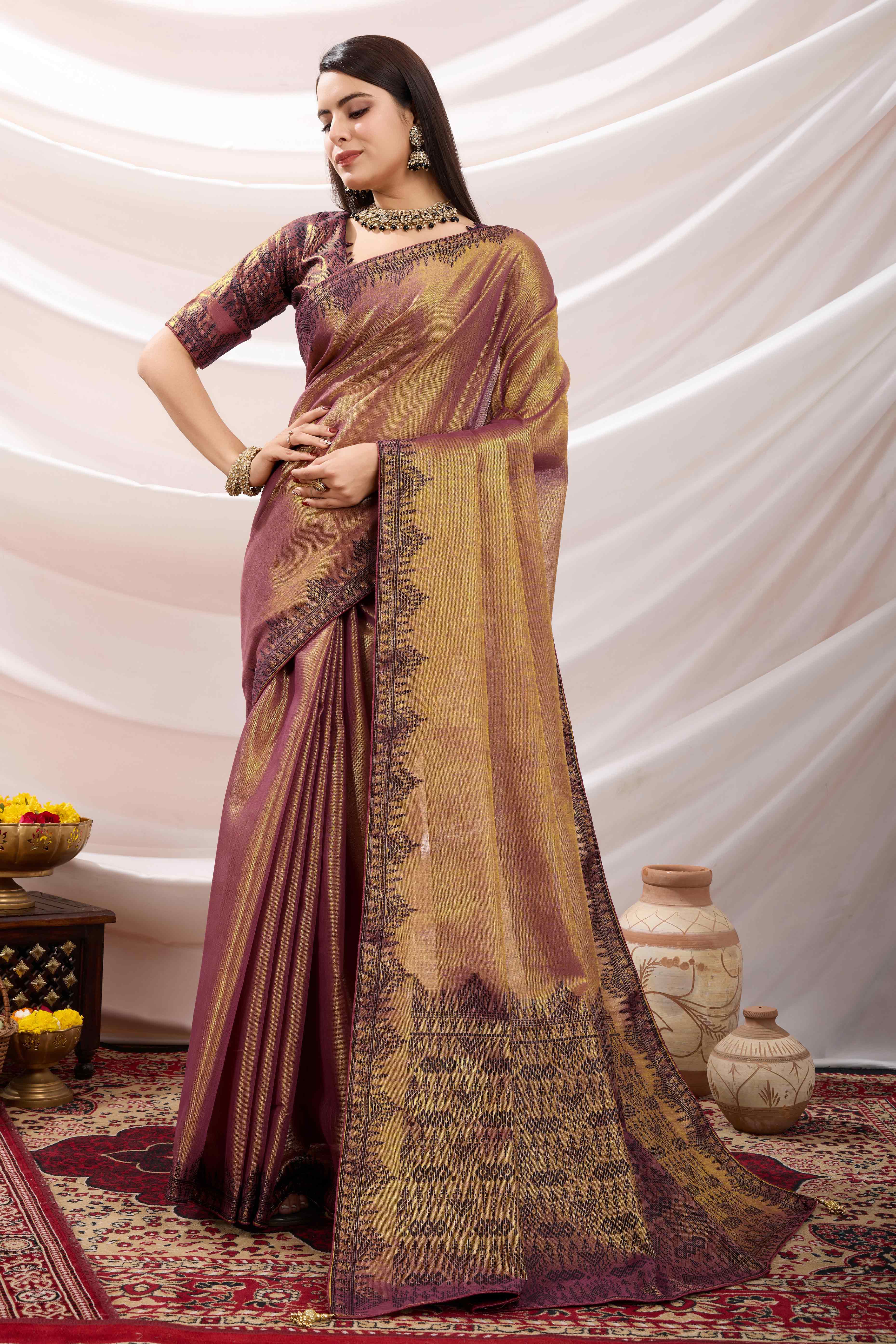Brownish Maroon Festive Linen Tissue Saree with Zari Borders