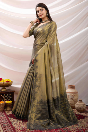 Dusty Green Festive Linen Tissue Saree with Zari Borders