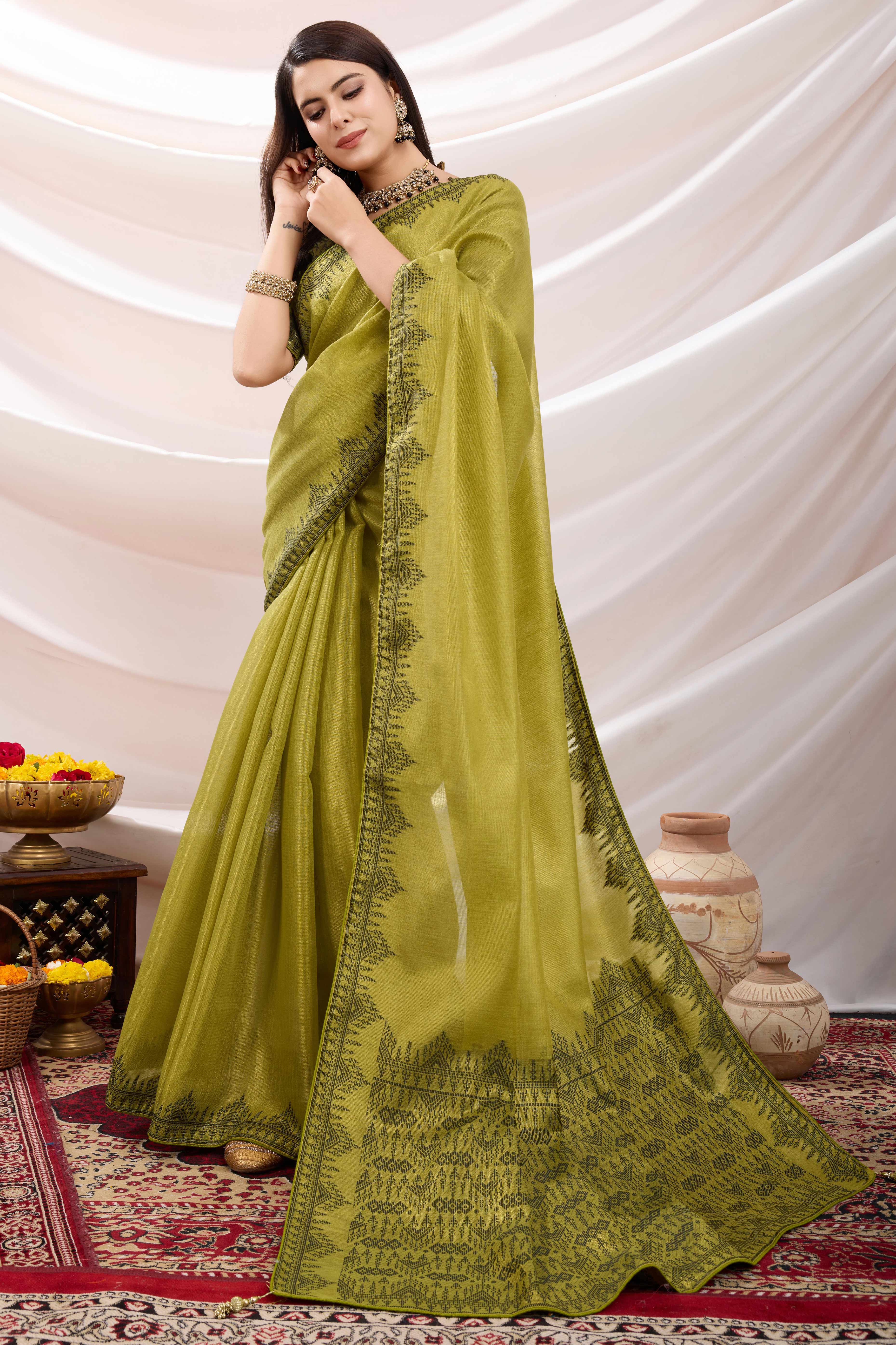 Green Festive Linen Tissue Saree with Zari Borders