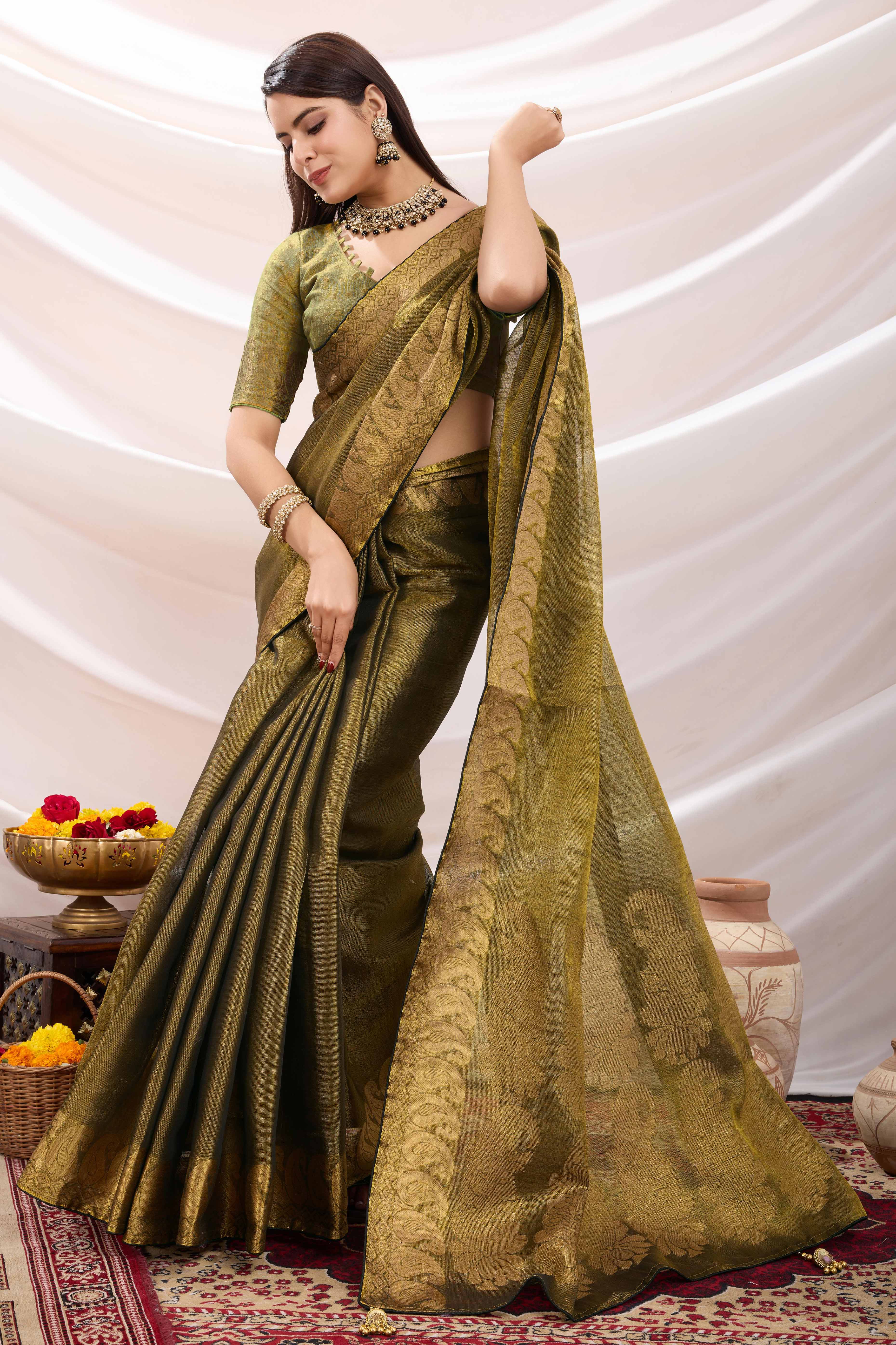 Green Festive Linen Tissue Saree with Zari Borders