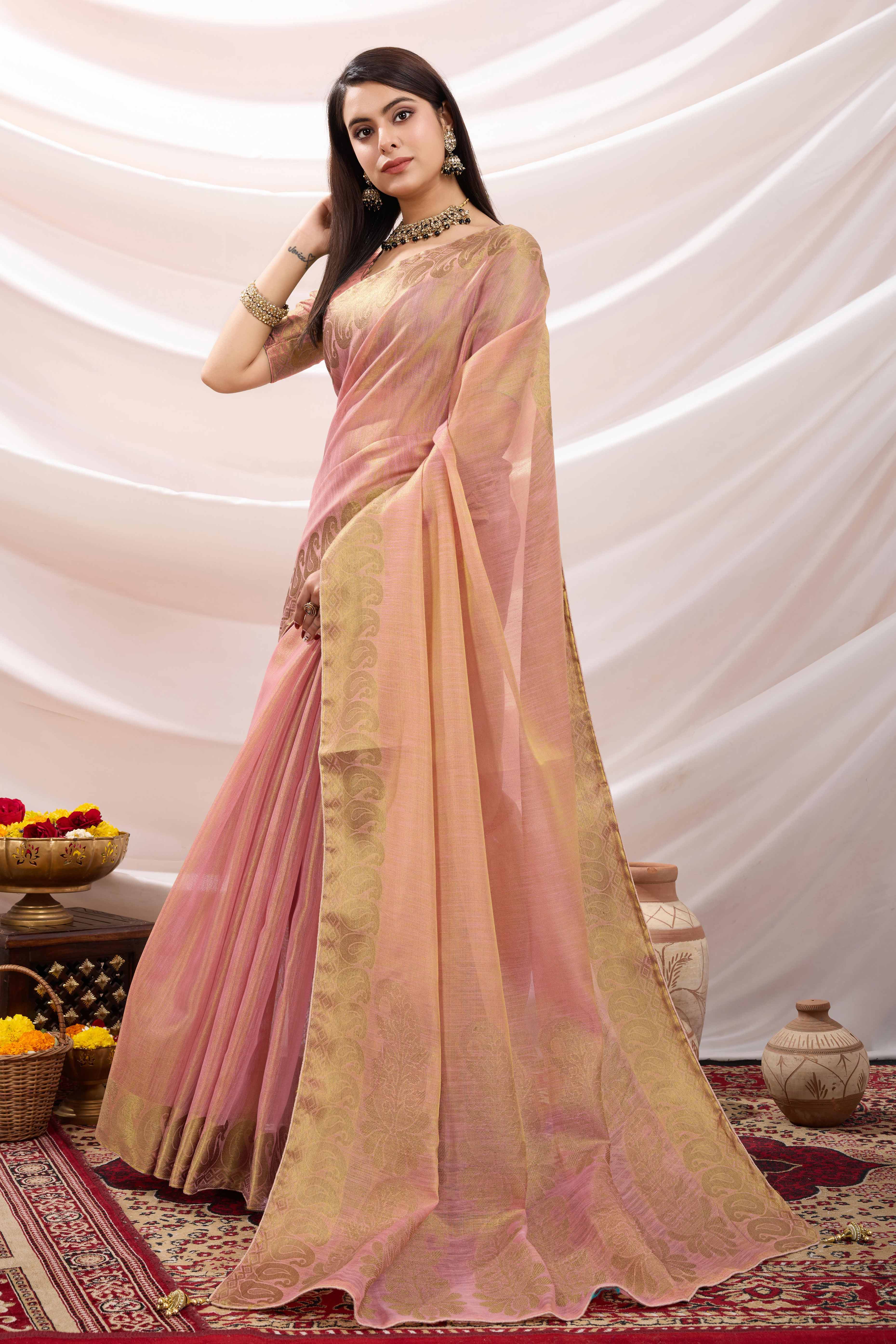 Pink Festive Linen Tissue Saree with Zari Borders