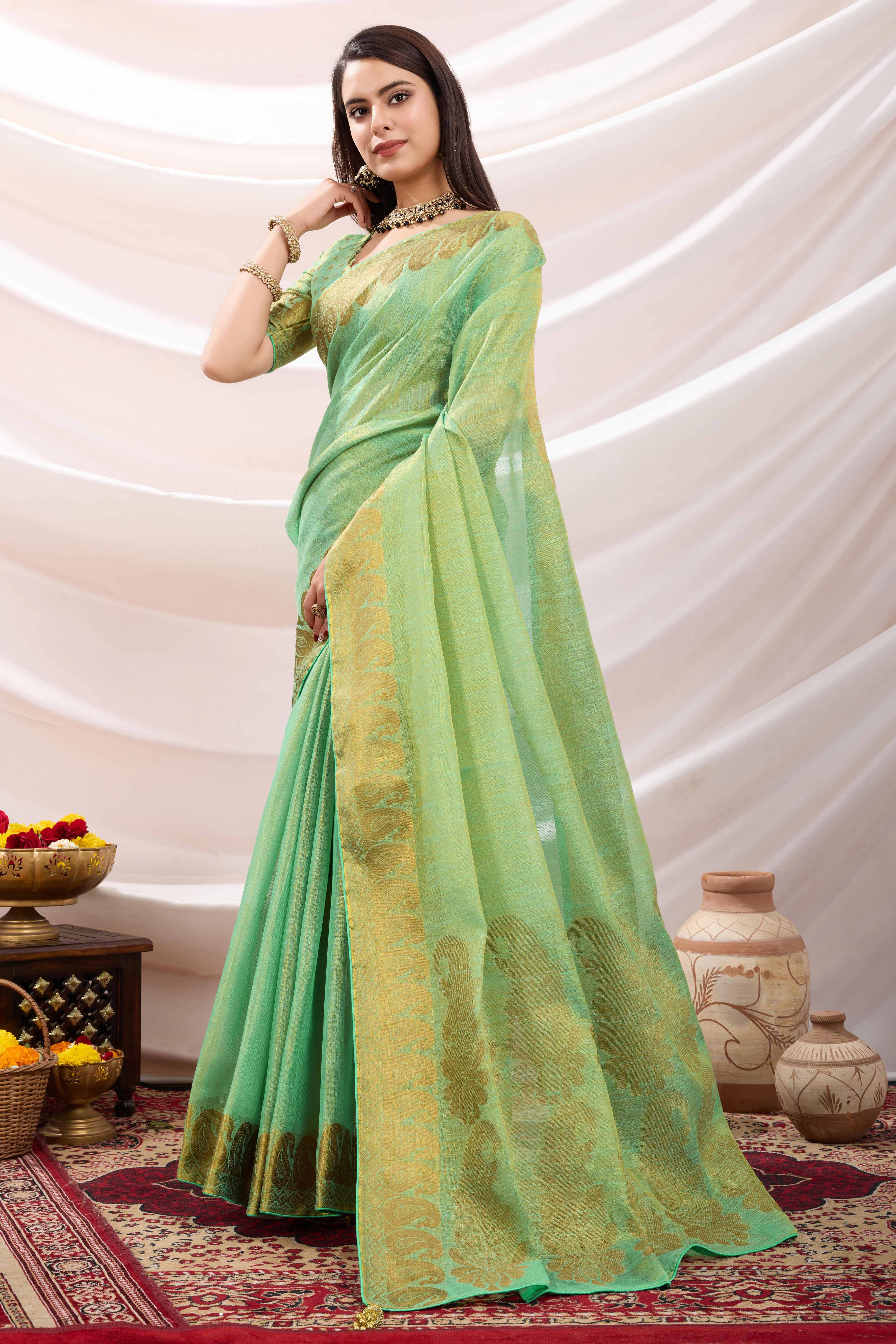 Sea Green Festive Linen Tissue Saree with Zari Borders