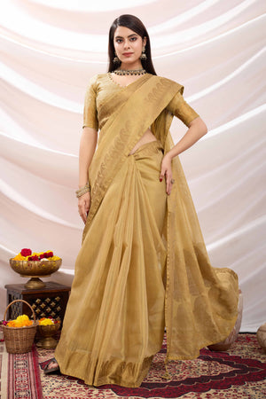 Beige Festive Linen Tissue Saree with Zari Borders
