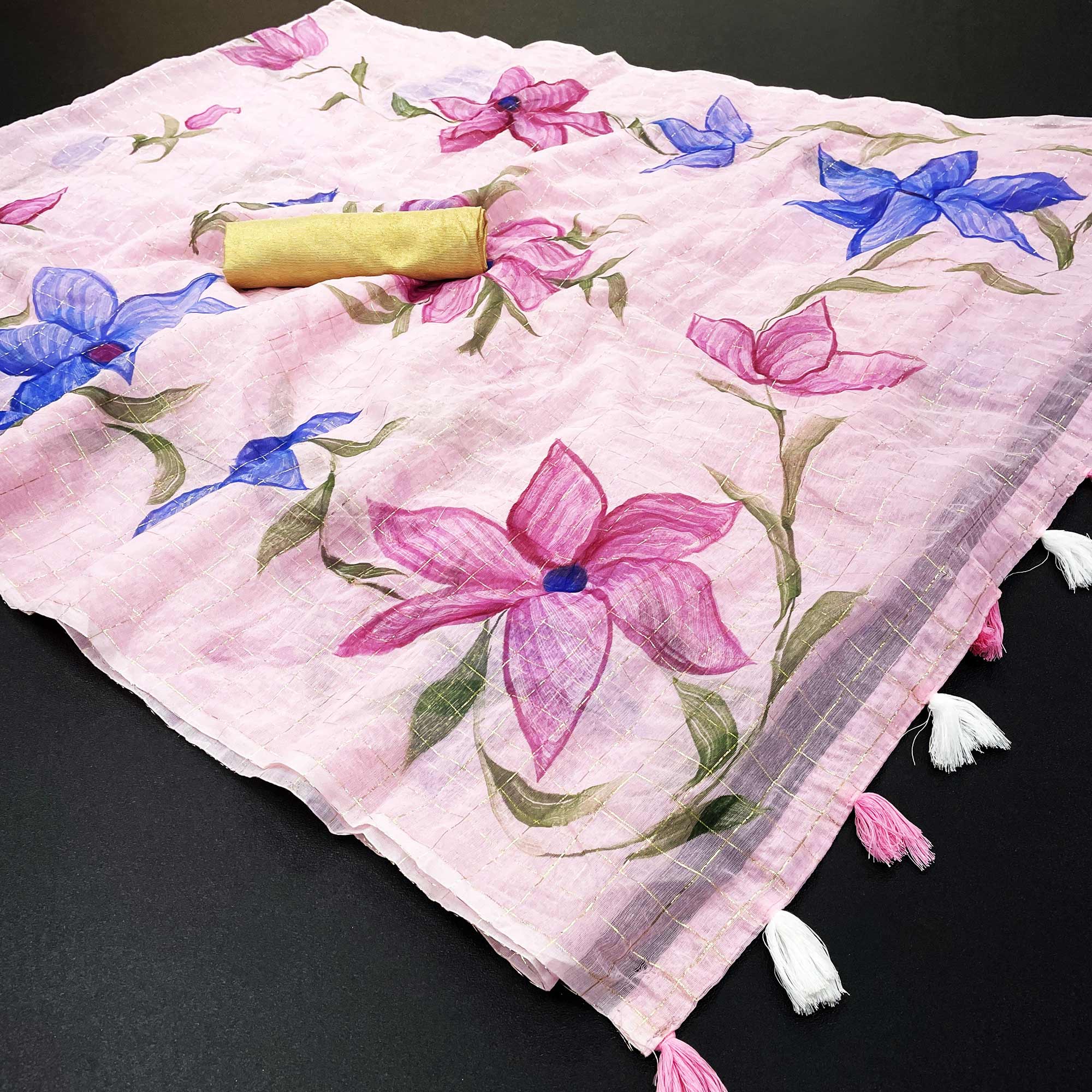 Pink Hand Printed With Zari Woven Cotton Blend Saree