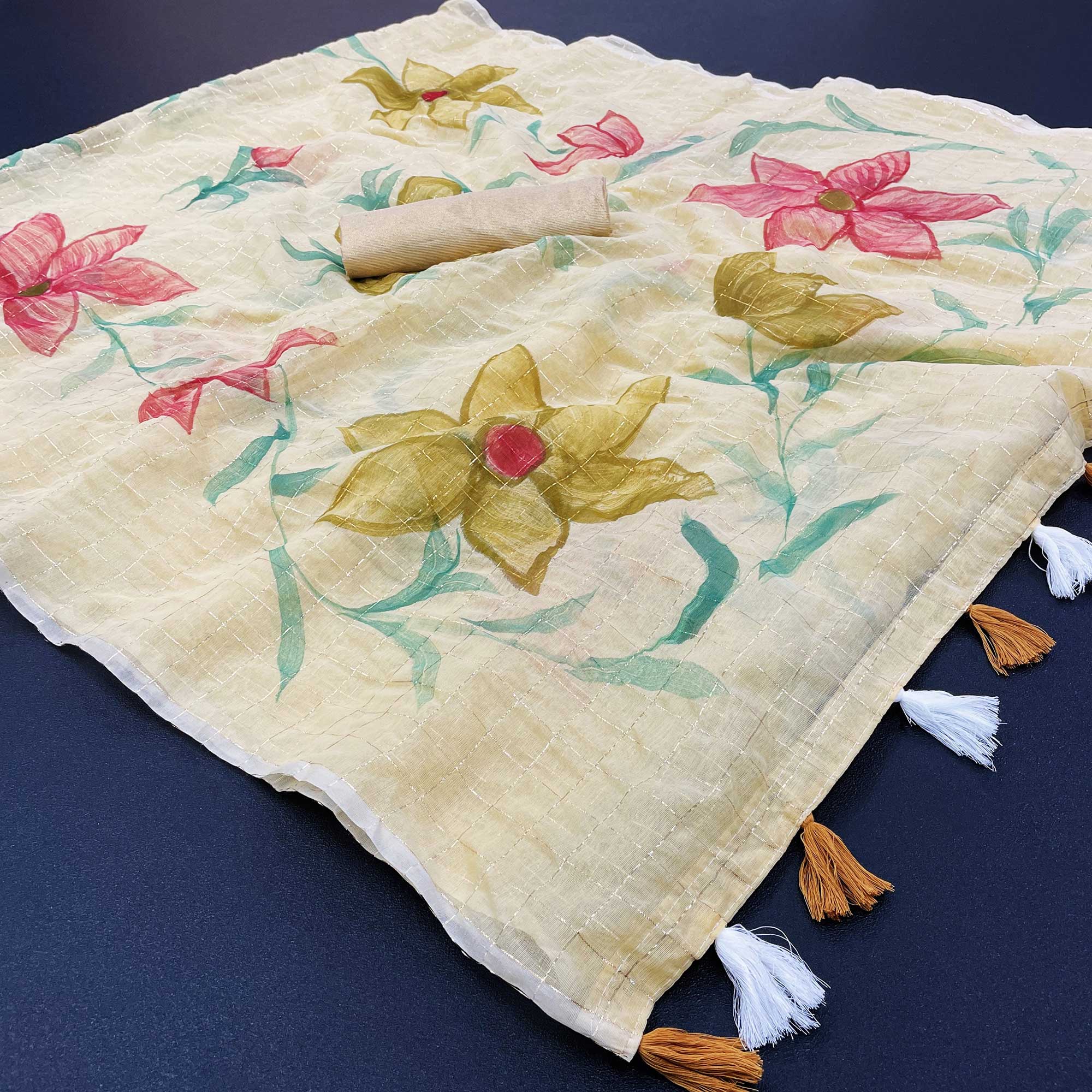 Yellow Hand Printed With Zari Woven Cotton Blend Saree