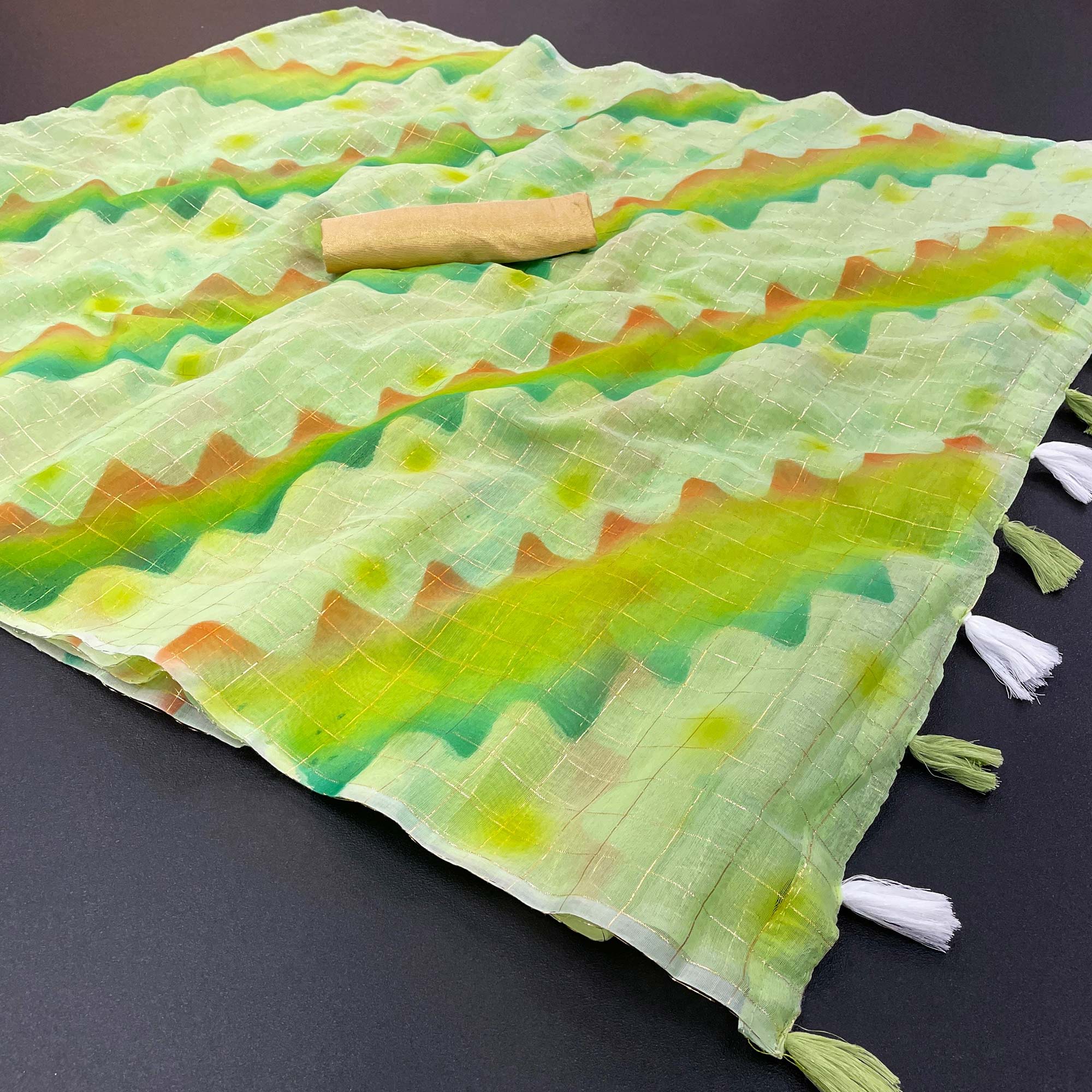 Green Hand Printed With Zari Woven Cotton Blend Saree