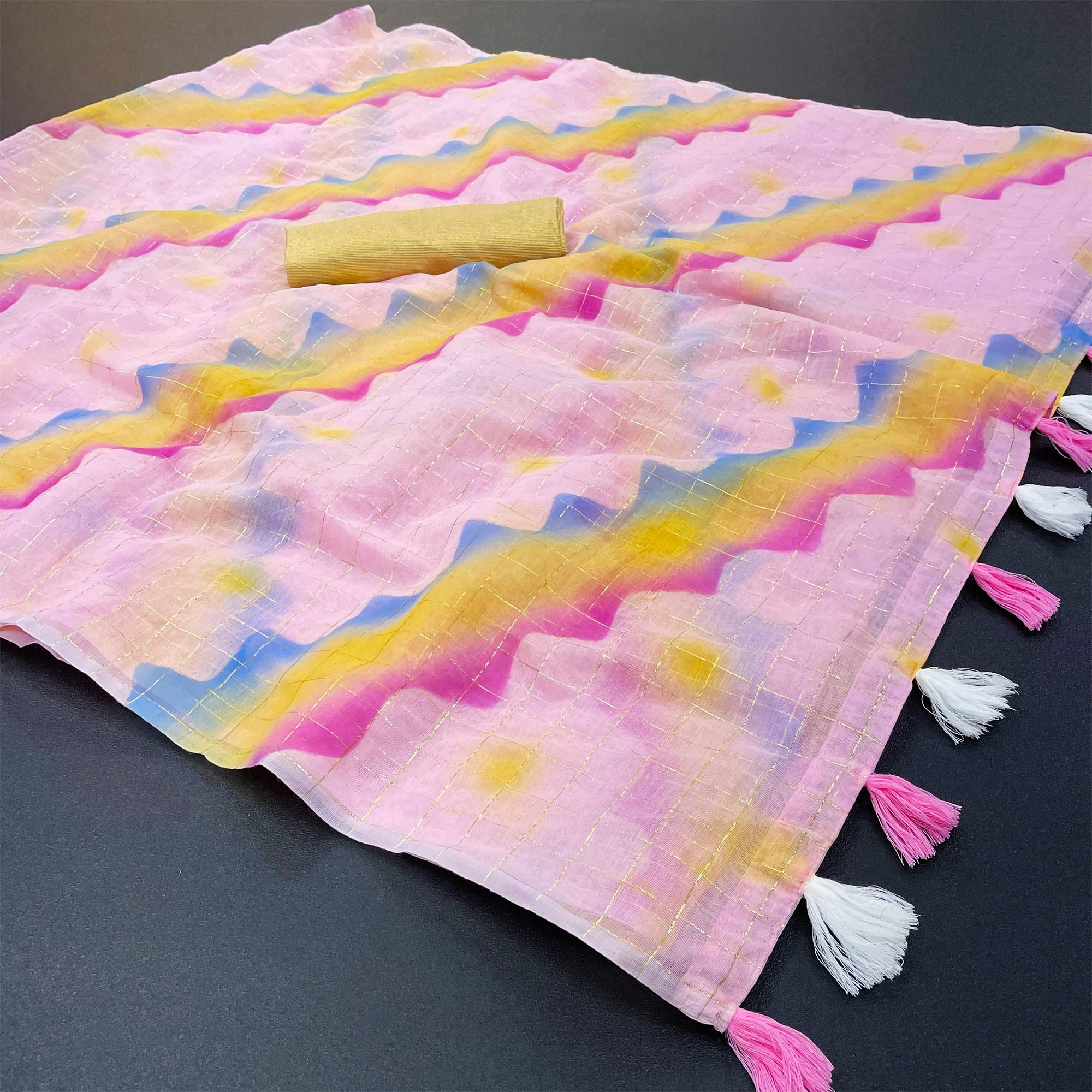 Pink Hand Printed With Zari Woven Cotton Blend Saree