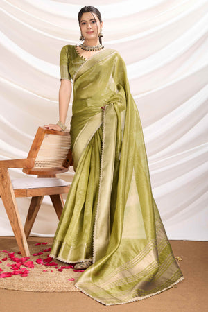 Green Solid Linen Tissue Saree With Weaving & Zarkan Lace Border