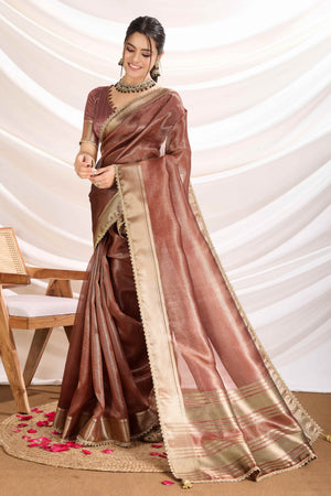 Brown Solid Linen Tissue Saree With Weaving & Zarkan Lace Border