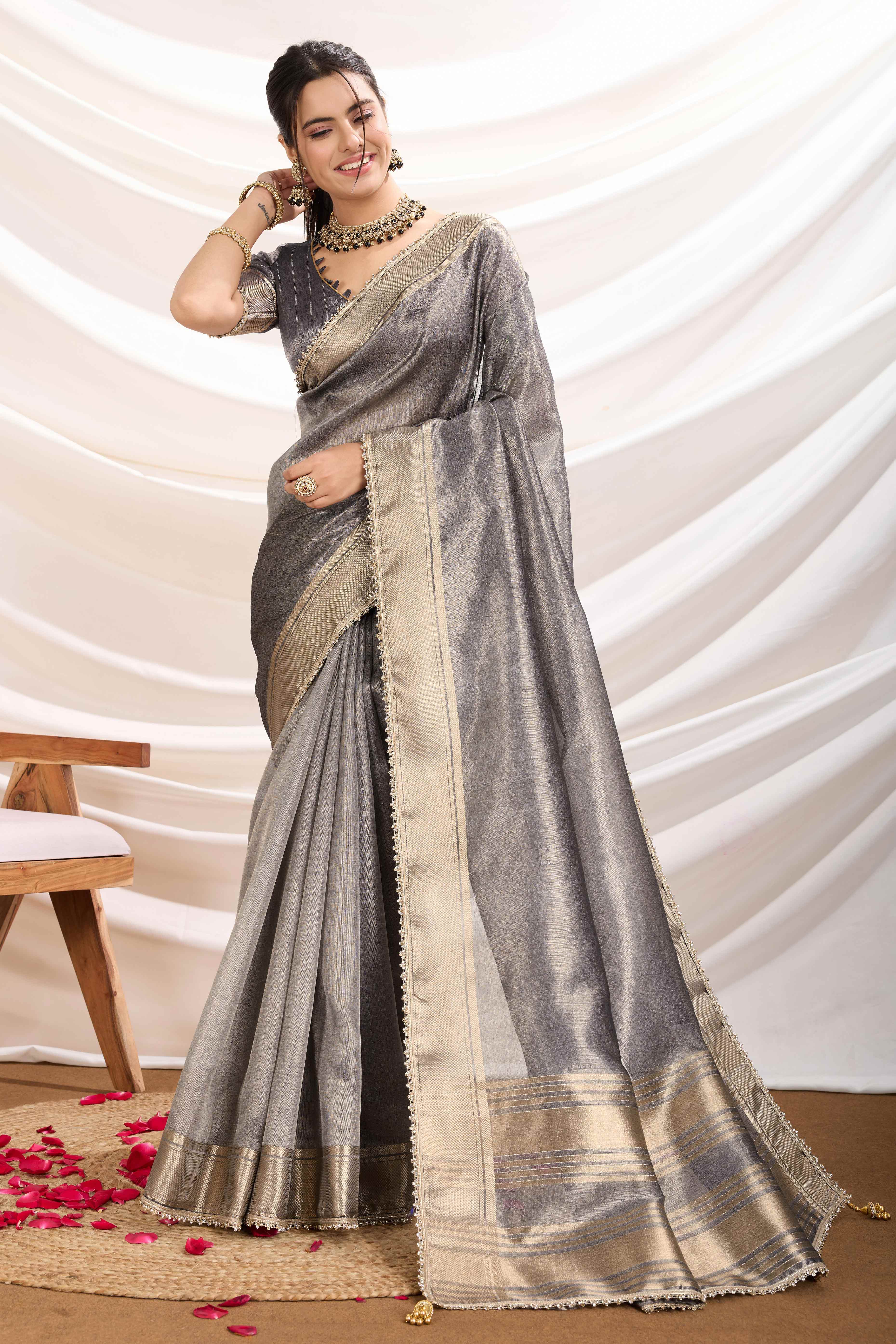 Grey Solid Linen Tissue Saree With Weaving & Zarkan Lace Border