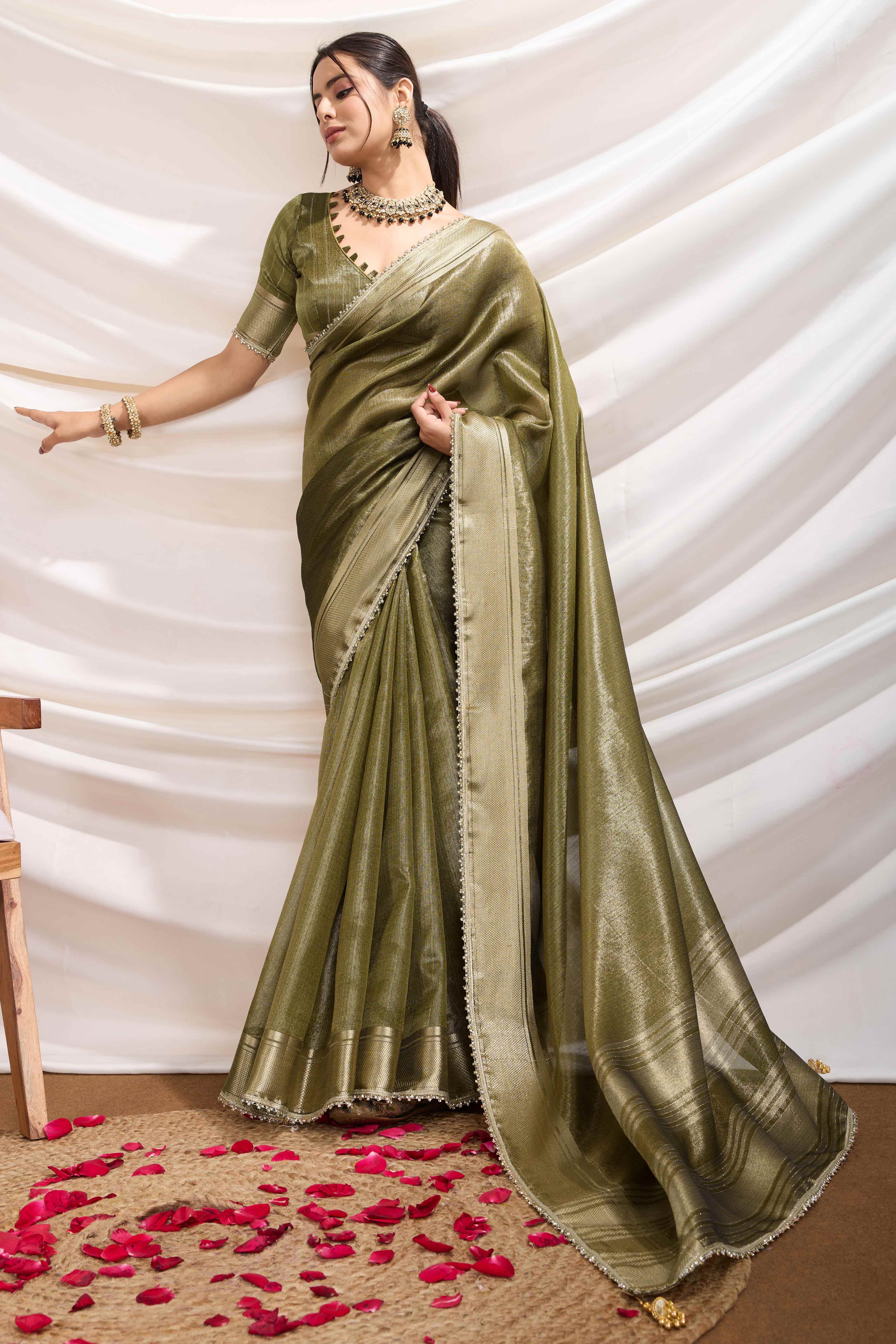 Mehendi Green Solid Linen Tissue Saree With Weaving & Zarkan Lace Border