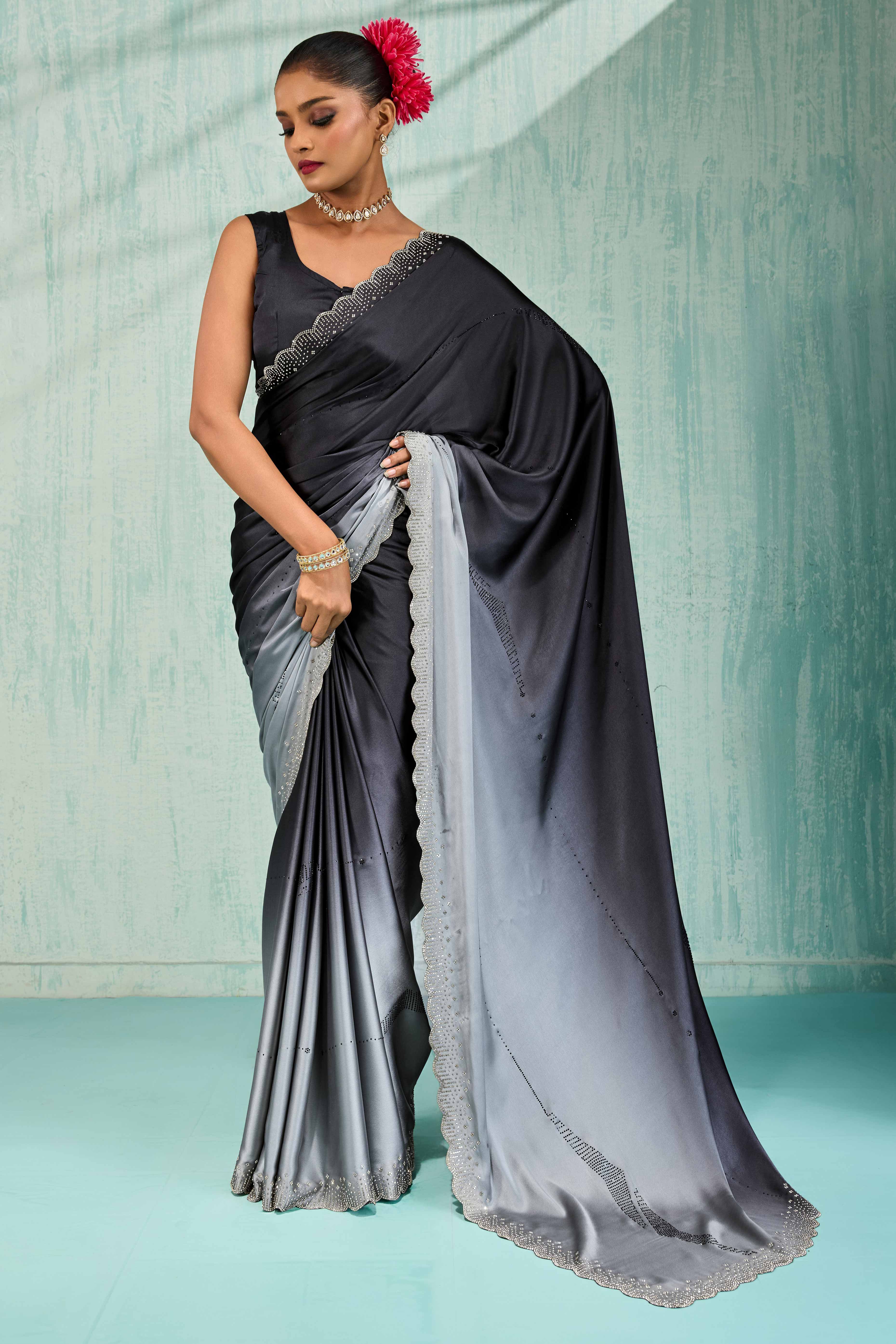 Black & Grey Satin Ombre Saree Adorned With Rhinestone Crystal Handwork & Elegant Scalloped Border