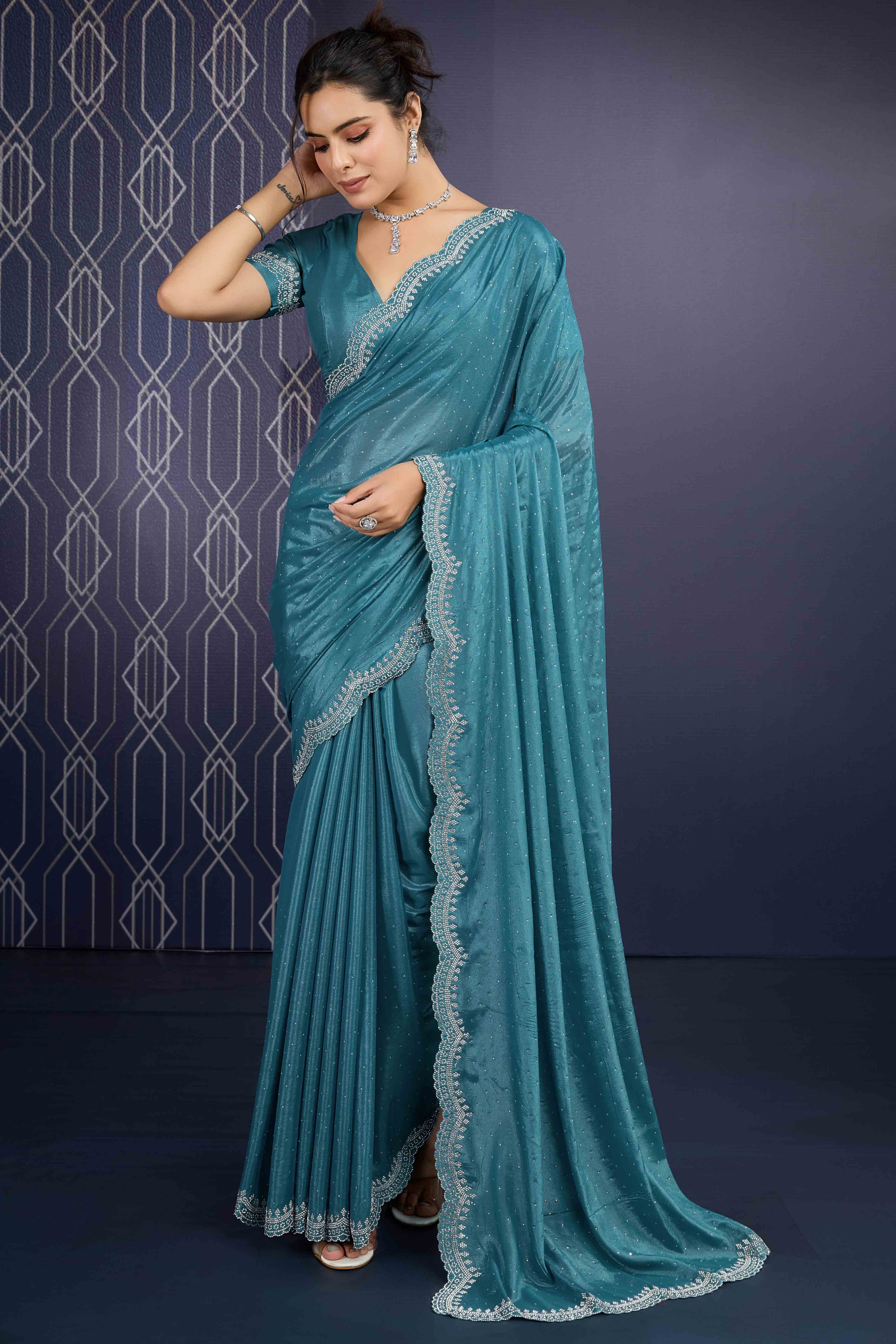 Teal Swarovski Work Embellished Georgette Saree