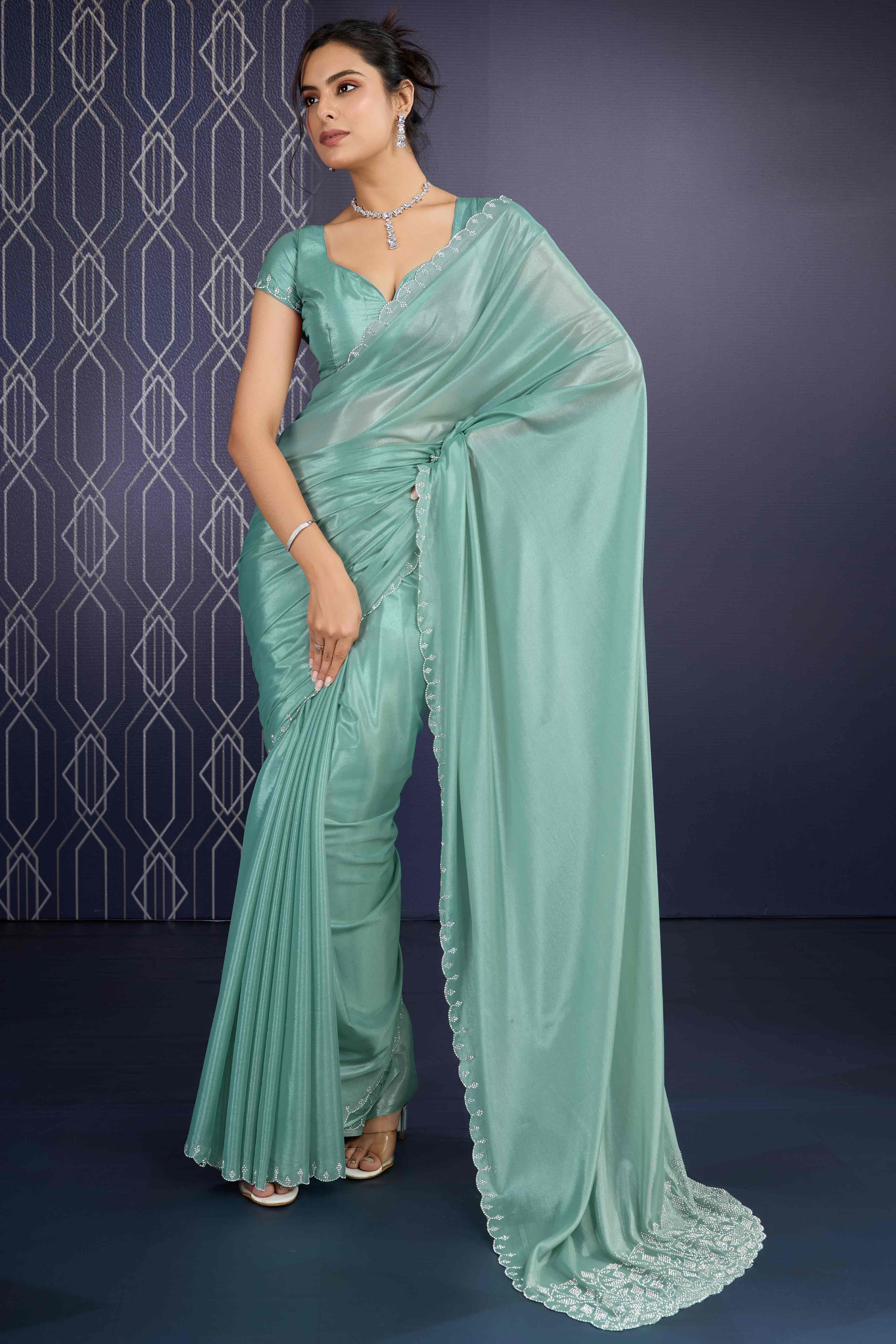 Sea Green Swarovski Work Embellished Georgette Saree