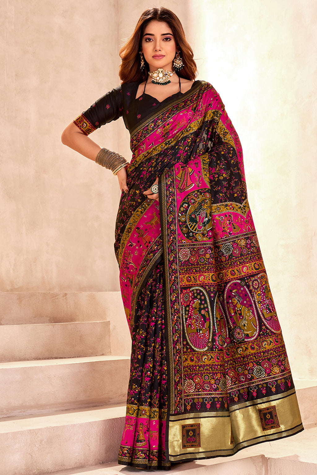 Traditional Black Rajwadi Weaving Pashmina Silk Saree With Kashmiri Pa