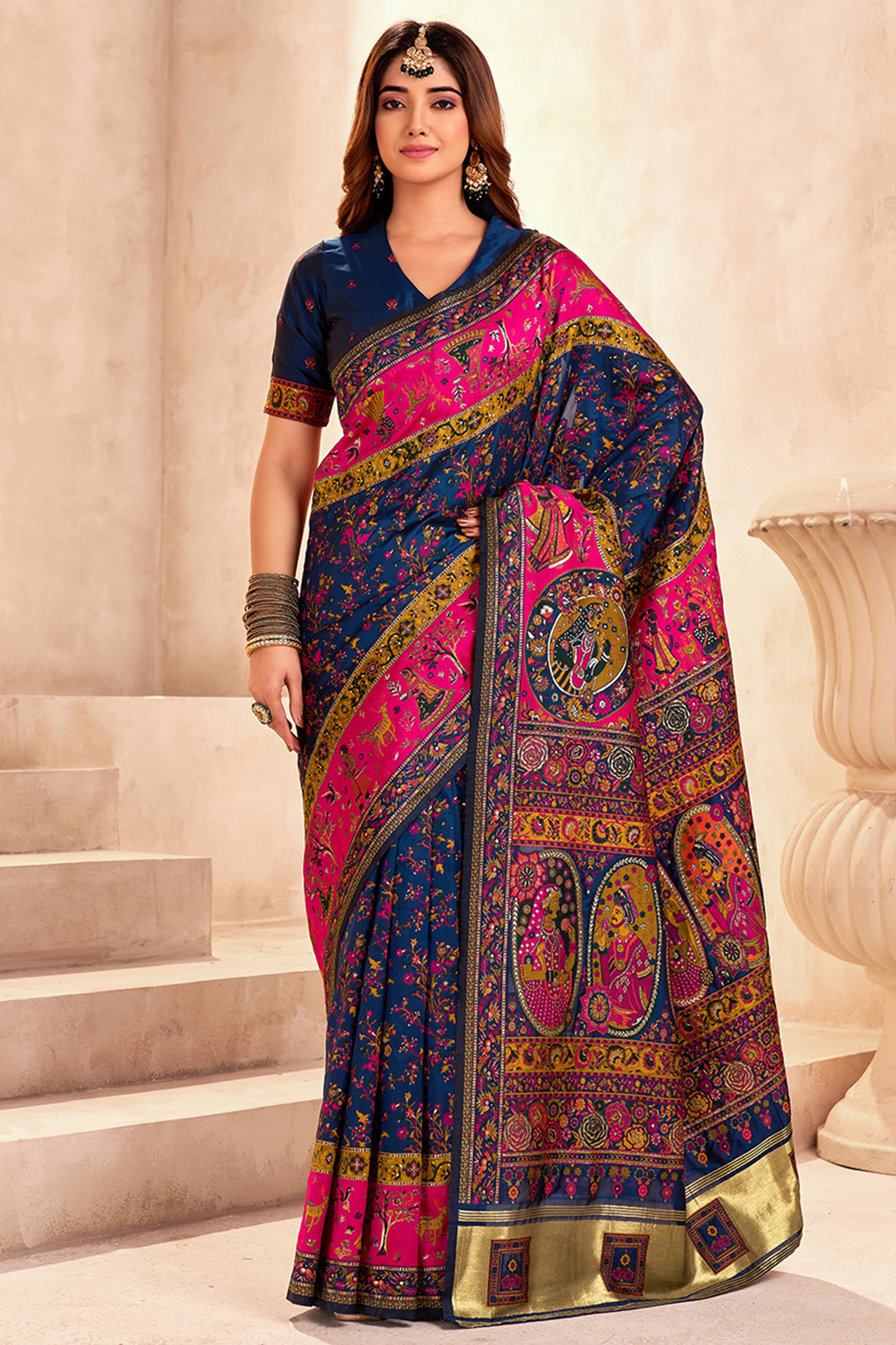 Traditional Navy Blue Rajwadi Weaving Pashmina Silk Saree With Kashmiri Pallu & Elegant Zari Border