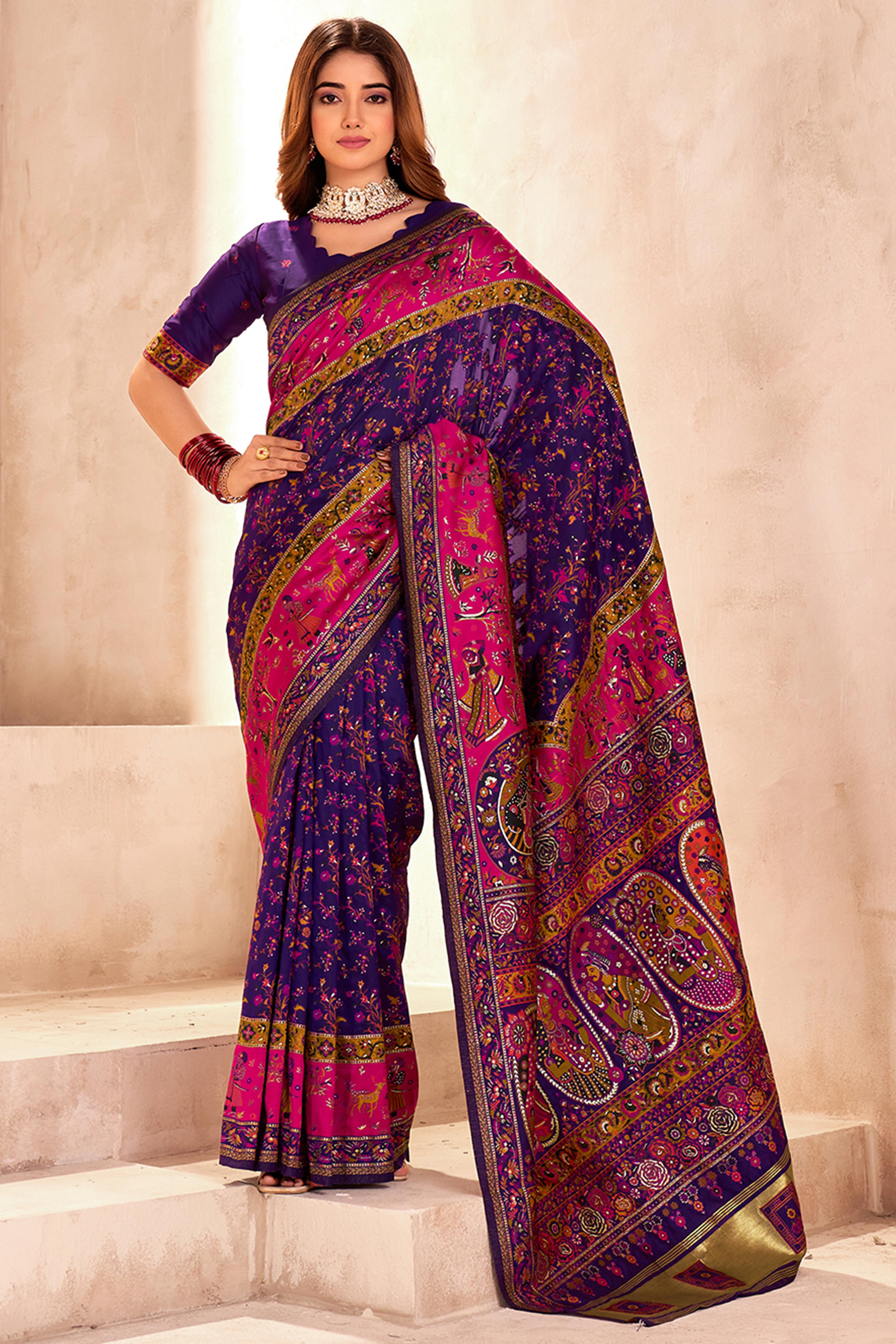 Traditional Purple Rajwadi Weaving Pashmina Silk Saree With Kashmiri Pallu & Elegant Zari Border