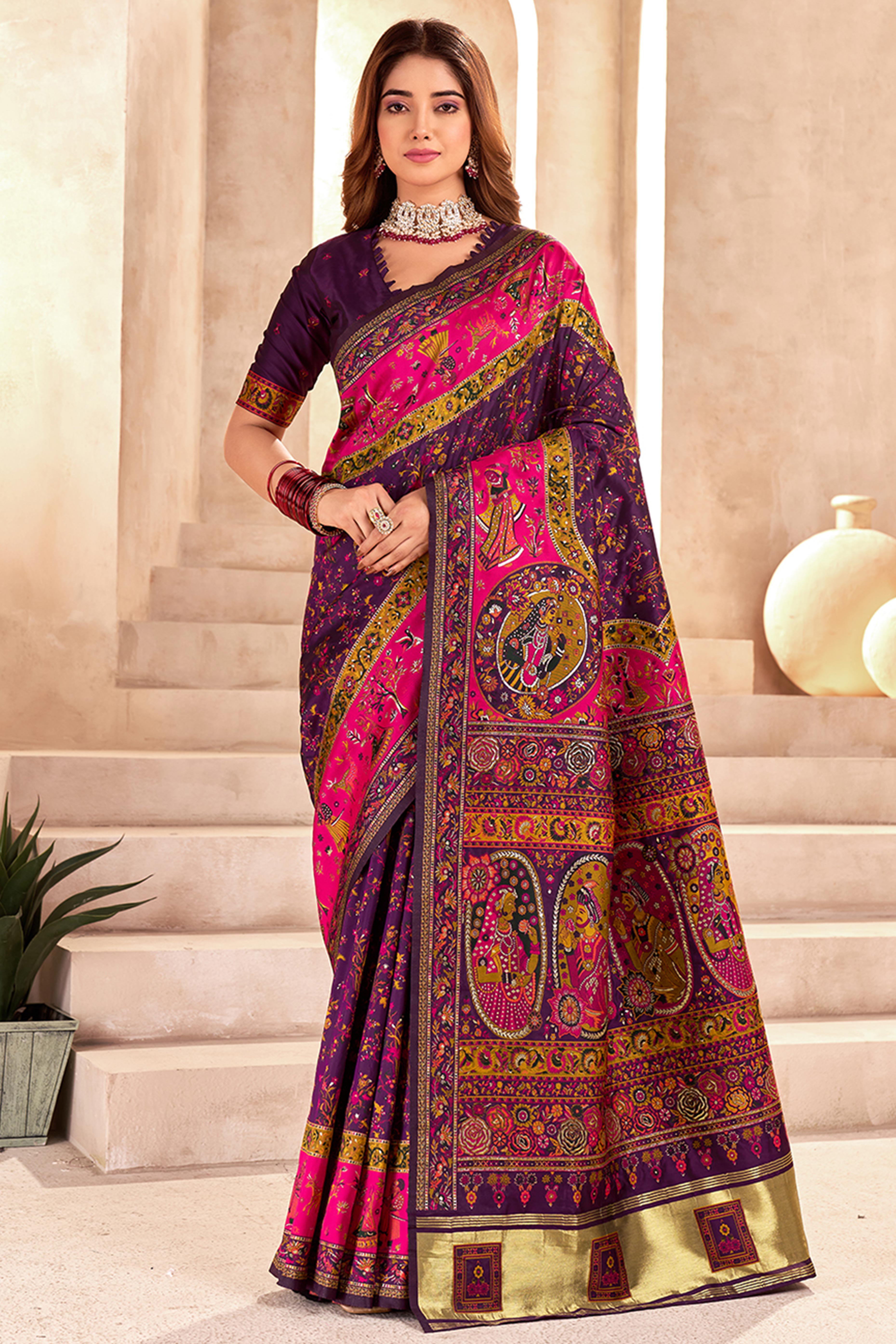 Traditional Wine Rajwadi Weaving Pashmina Silk Saree With Kashmiri Pallu & Elegant Zari Border