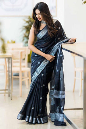 Black Soft Linen Saree Featuring Butti Pattern & Zari Weave