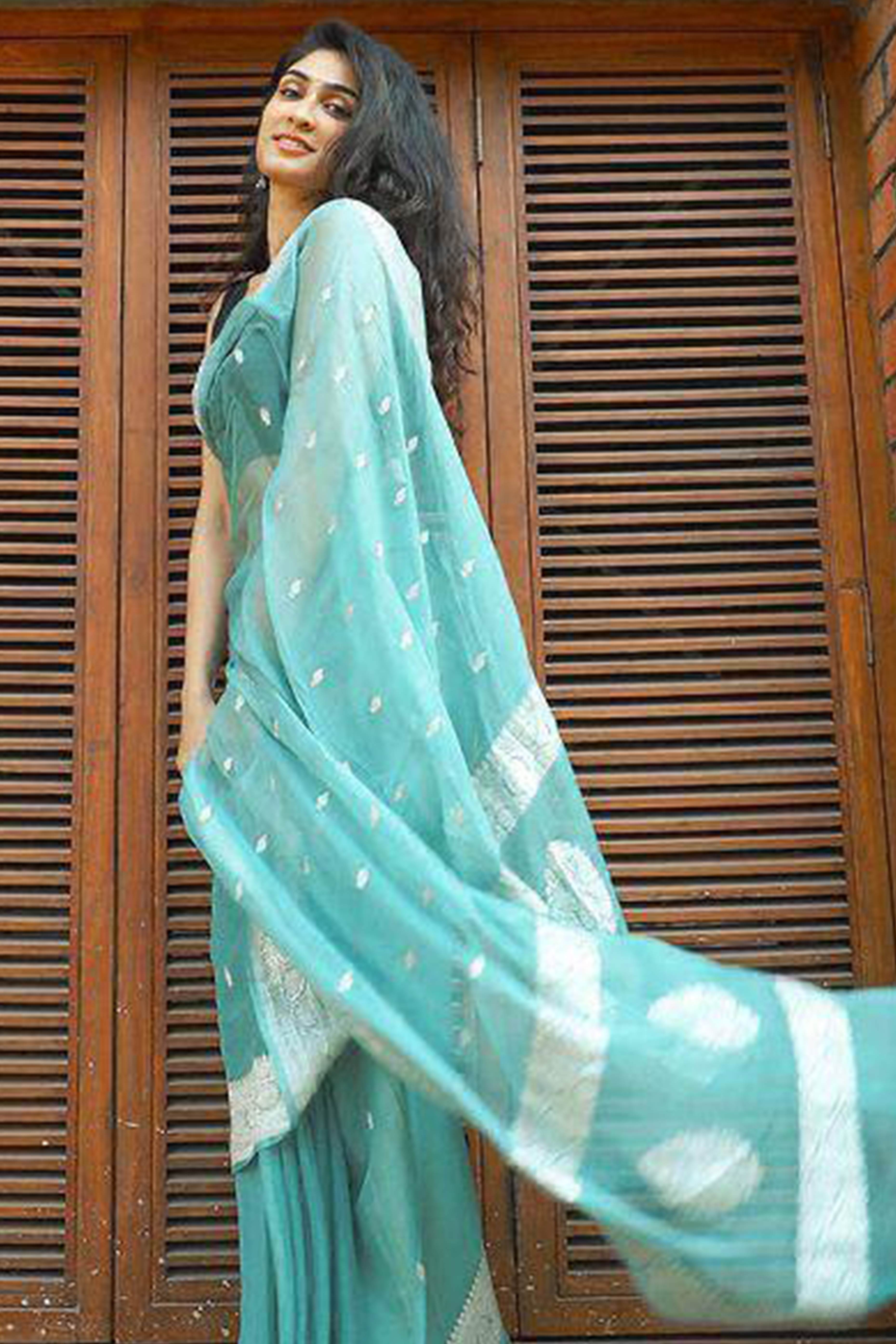 Sea Green Soft Linen Cotton Saree with Zari Weave Elegance