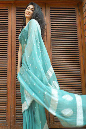 Sea Green Soft Linen Cotton Saree with Zari Weave Elegance