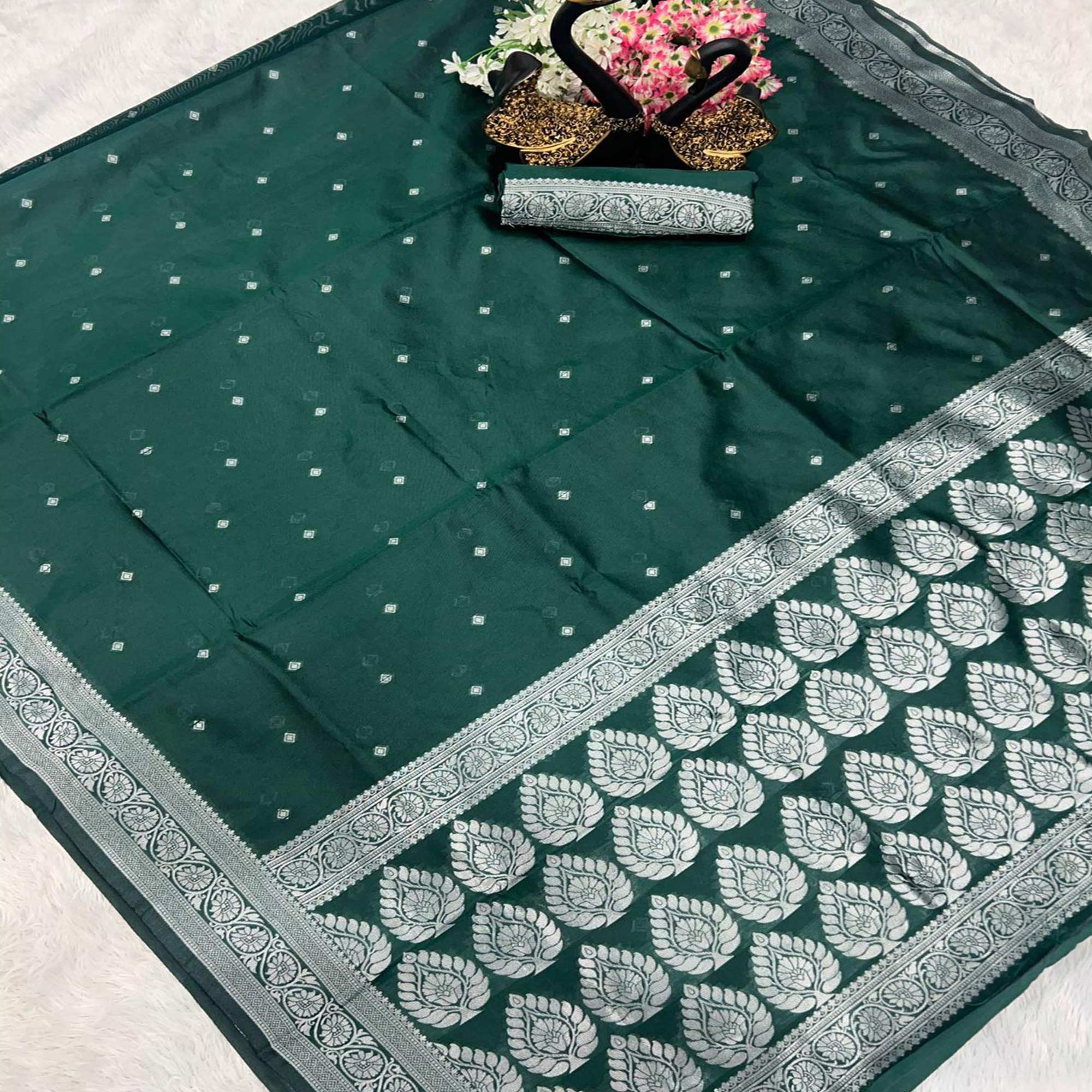 Exquisite Green Floral Woven Lichi Banarasi Silk Saree With Tassel & Artisanal Weaving