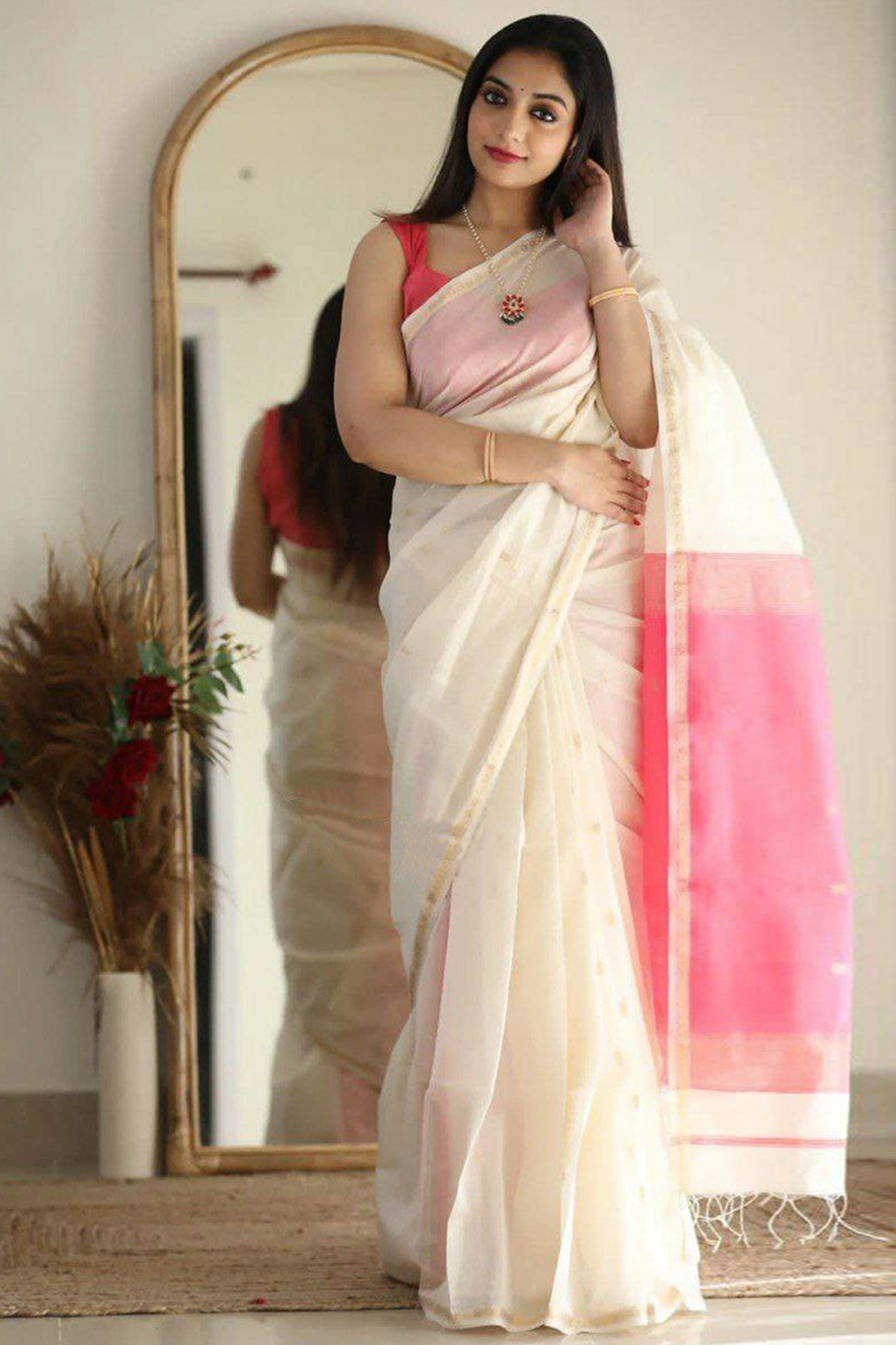 Zari Butti Woven White Soft Linen Cotton Saree for Festive Grace and Charm