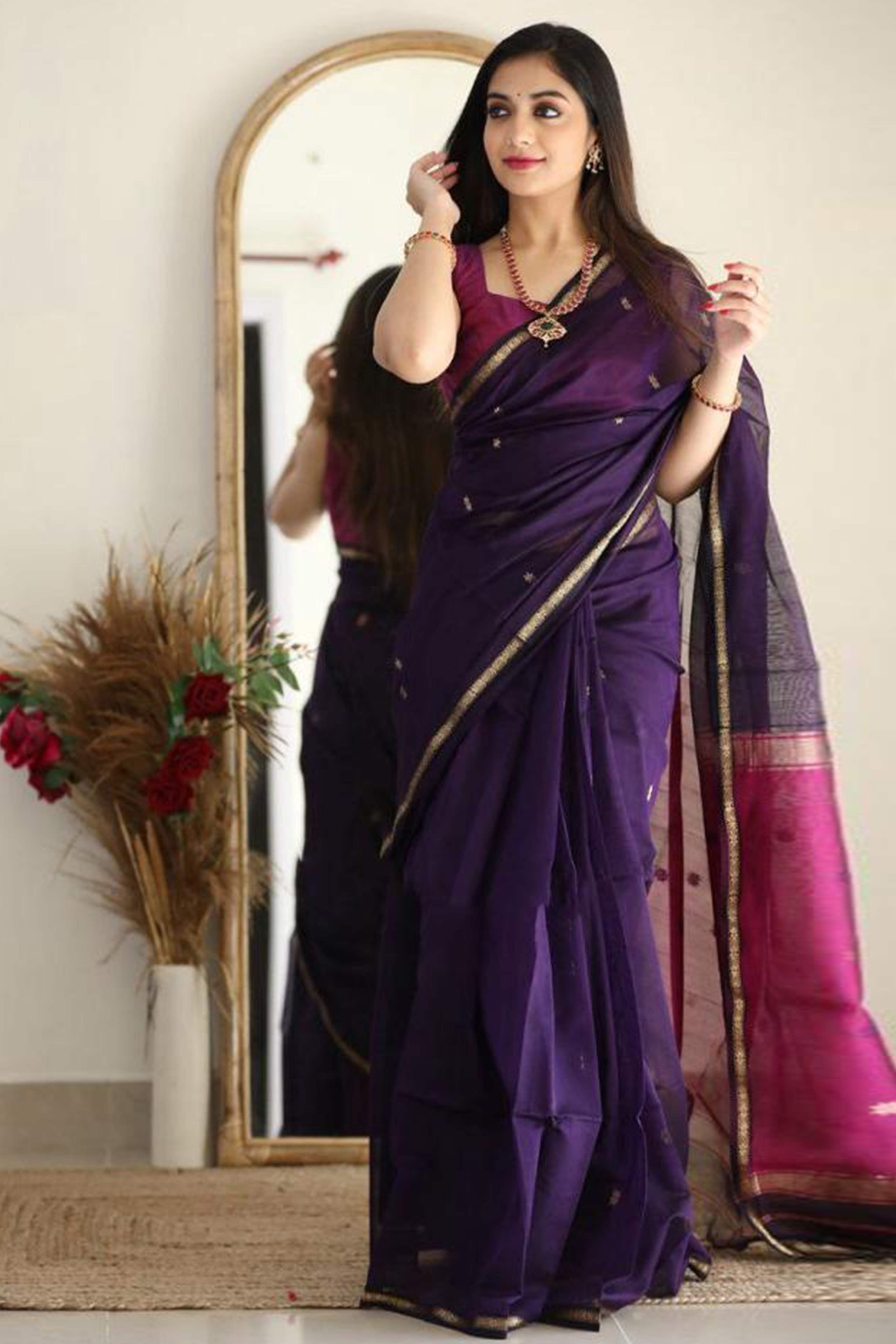 Deep Purple Zari Woven Butti Saree in Breathable and Elegant Linen Cotton Fabric