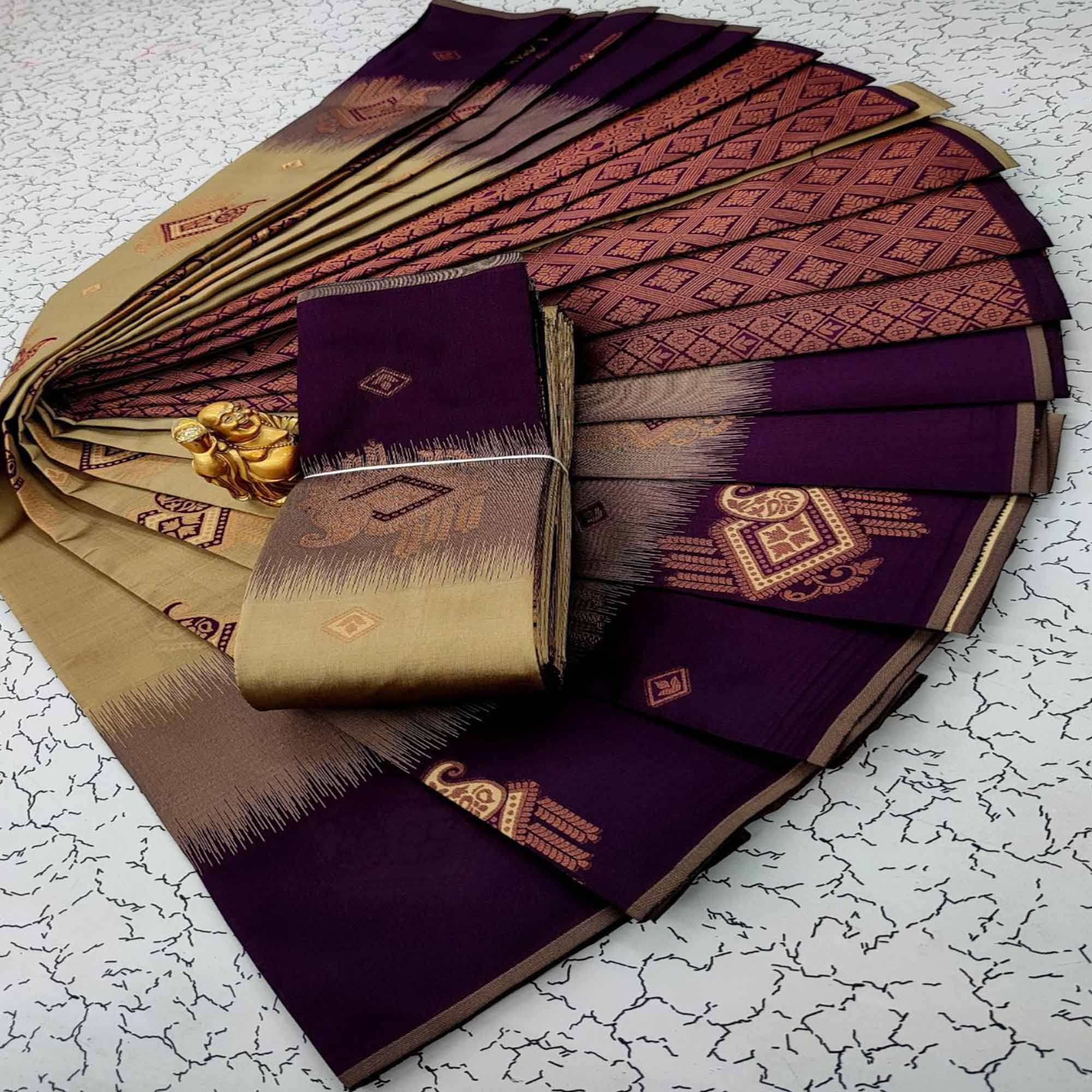 Beige & Purple Classic Tissue Silk Saree with Zari Weaving