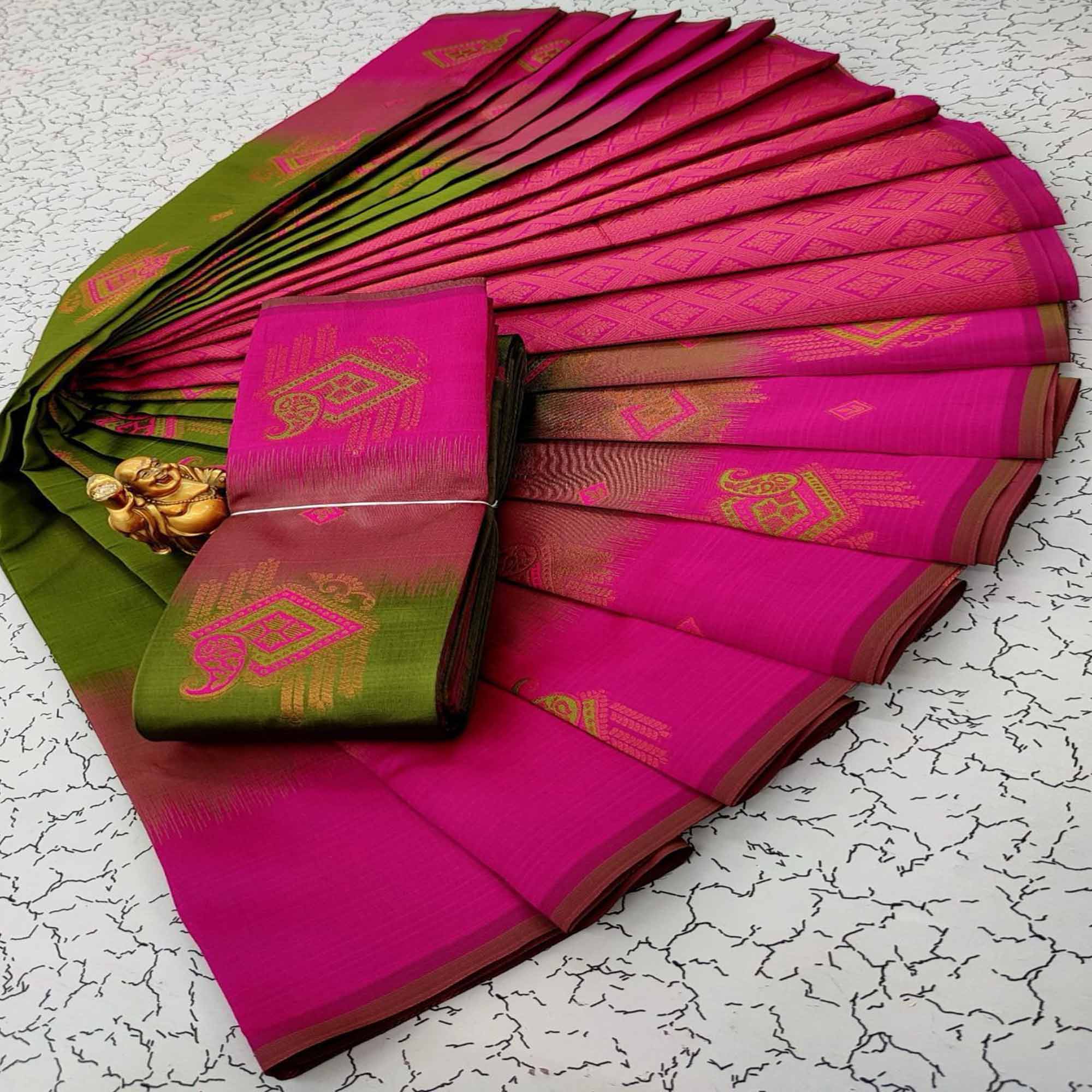 Green & Pink Classic Tissue Silk Saree with Zari Weaving