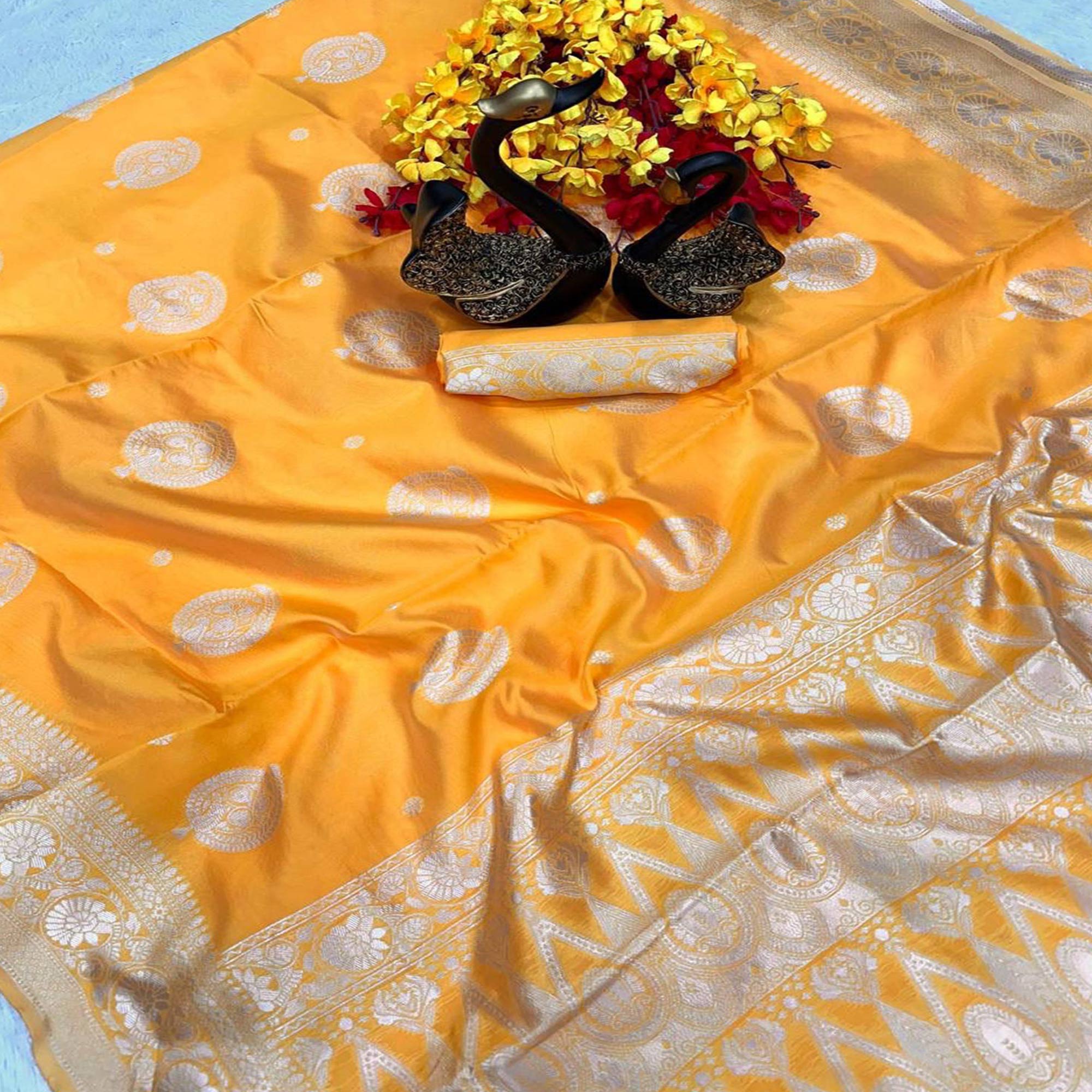 Vibrant Yellow Floral Zari Woven Lichi Banarasi Silk Saree With Rich Detailing