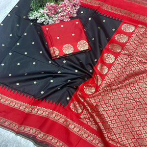 Striking Black & Red Zari Woven Lichi Banarasi Silk Saree With Tassel Accents