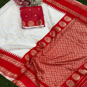Graceful White & Red Zari Woven Lichi Banarasi Silk Saree With Tassel Accents