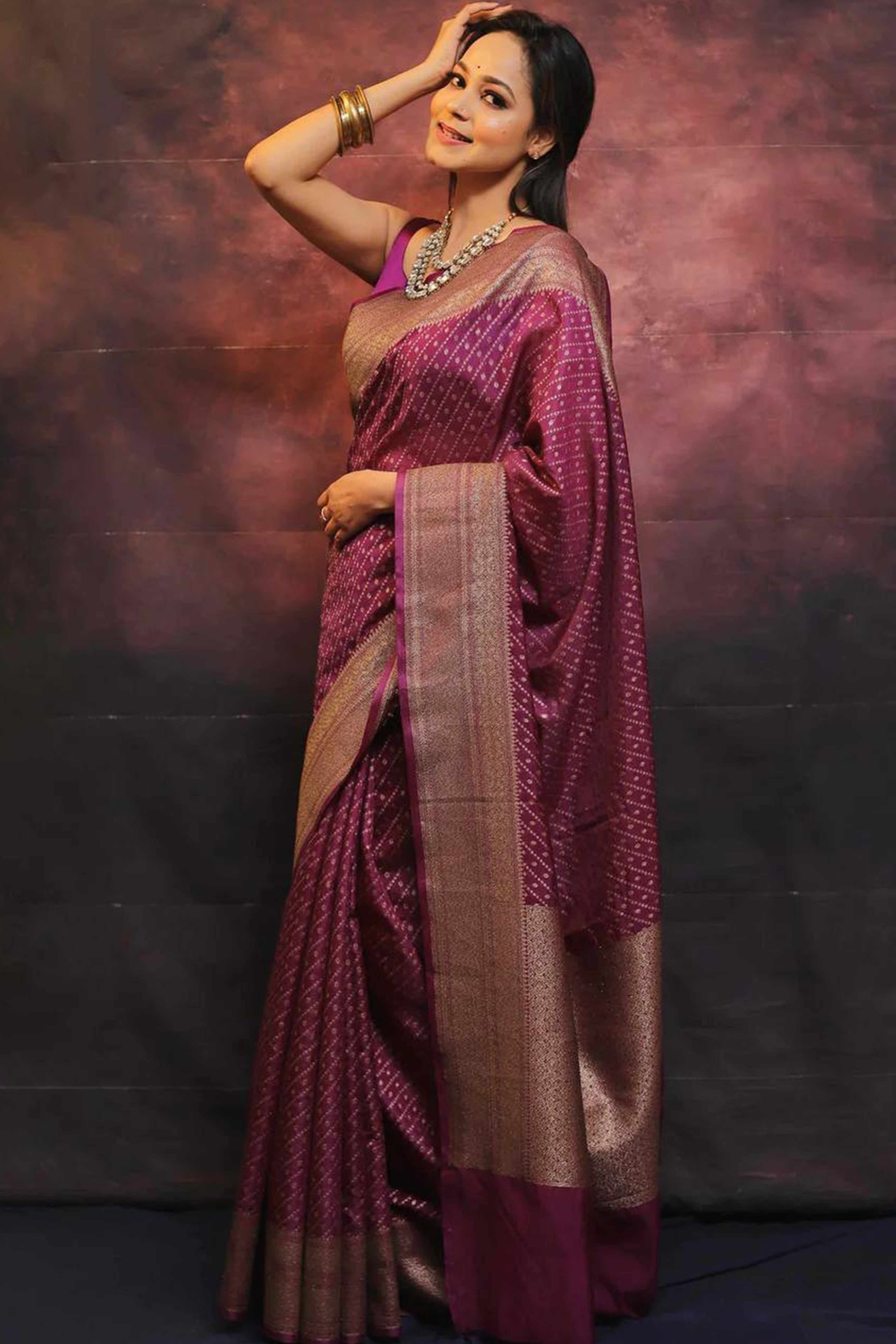 Luxurious Wine Zari Woven Lichi Banarasi Silk Saree