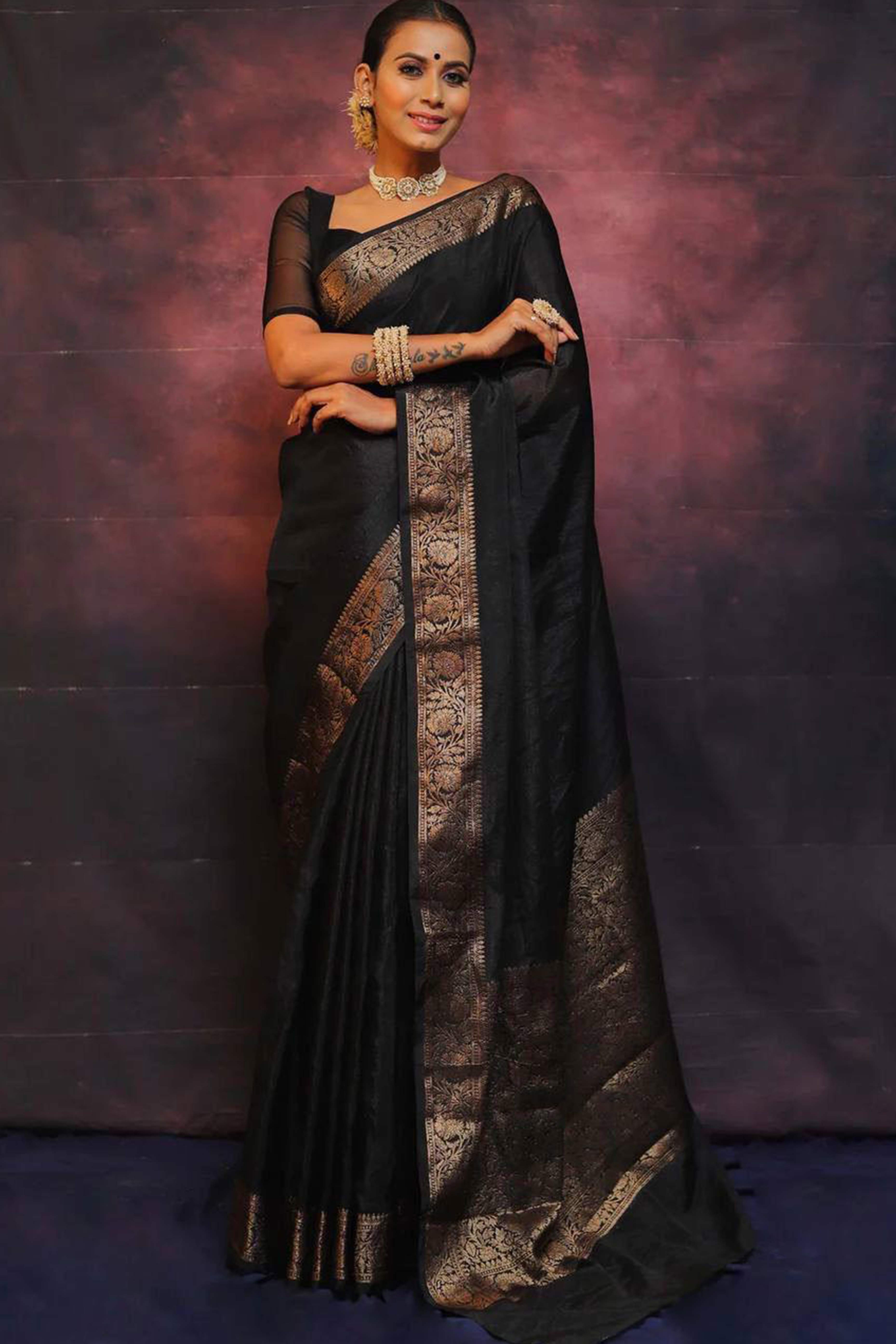 Black Floral Woven Lichi Banarasi Silk Saree