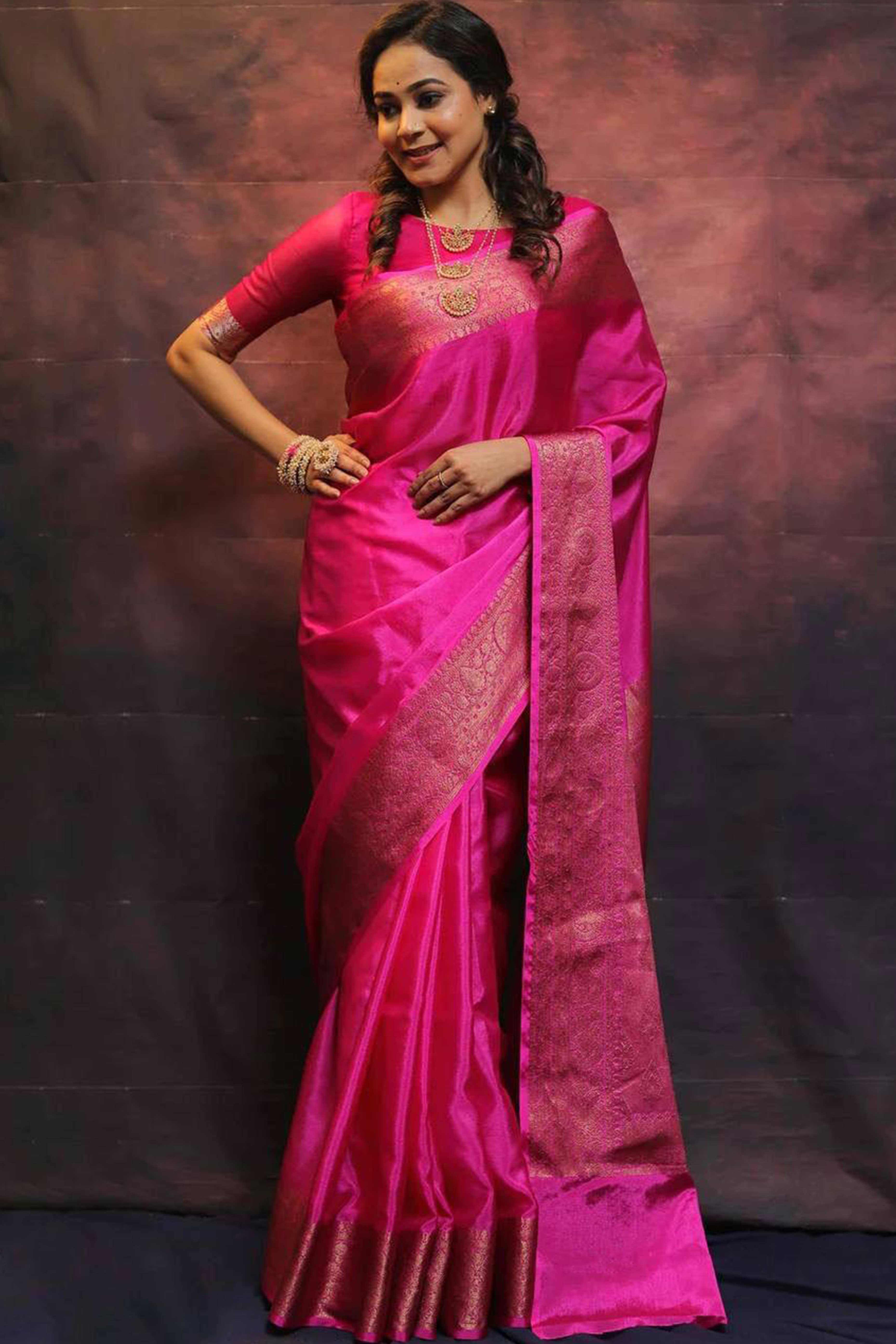 Pink Floral Woven Lichi Banarasi Silk Saree