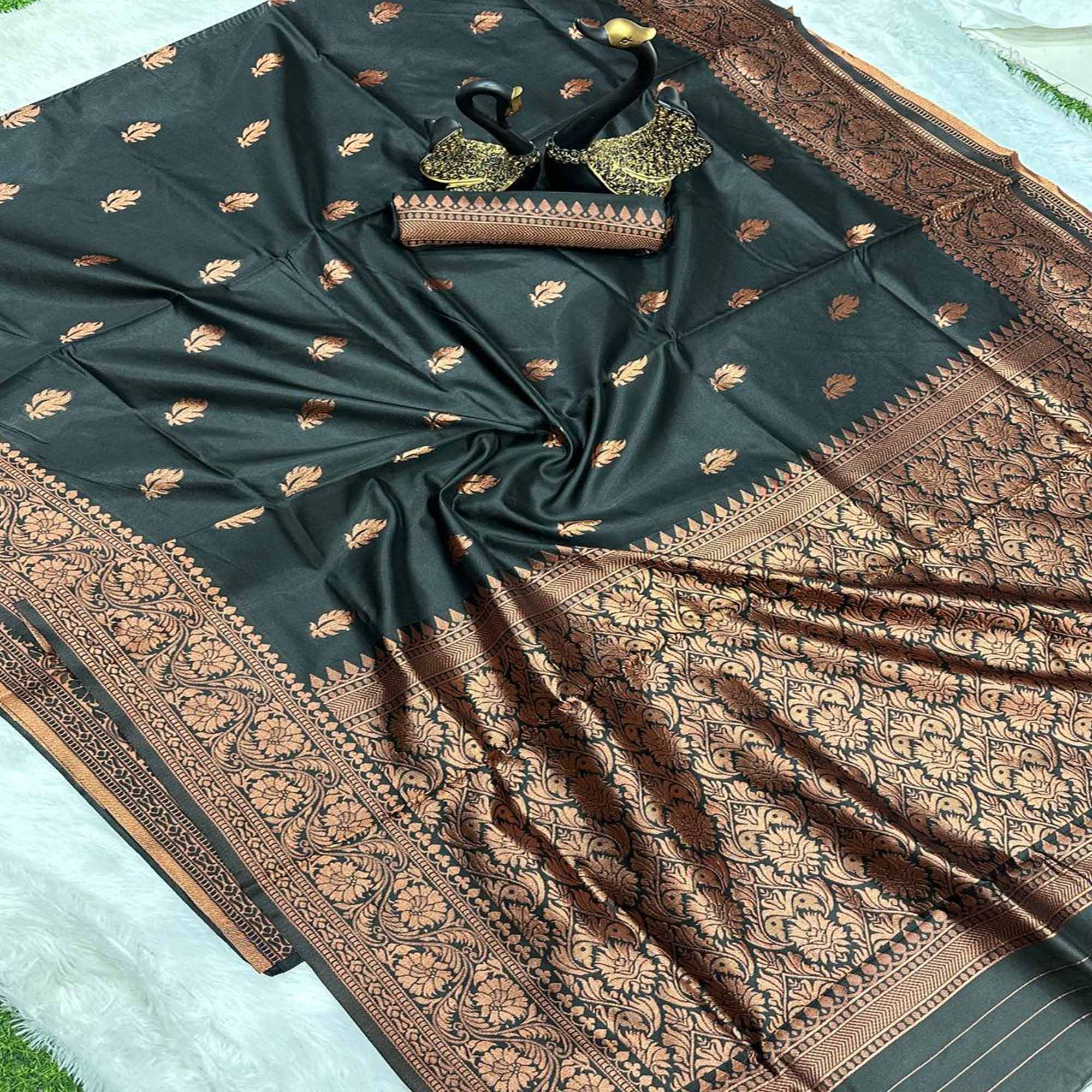 Black Organic Banarasi Silk Saree with Floral Zari Craftsmanship