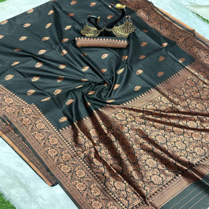 Black Organic Banarasi Silk Saree with Floral Zari Craftsmanship