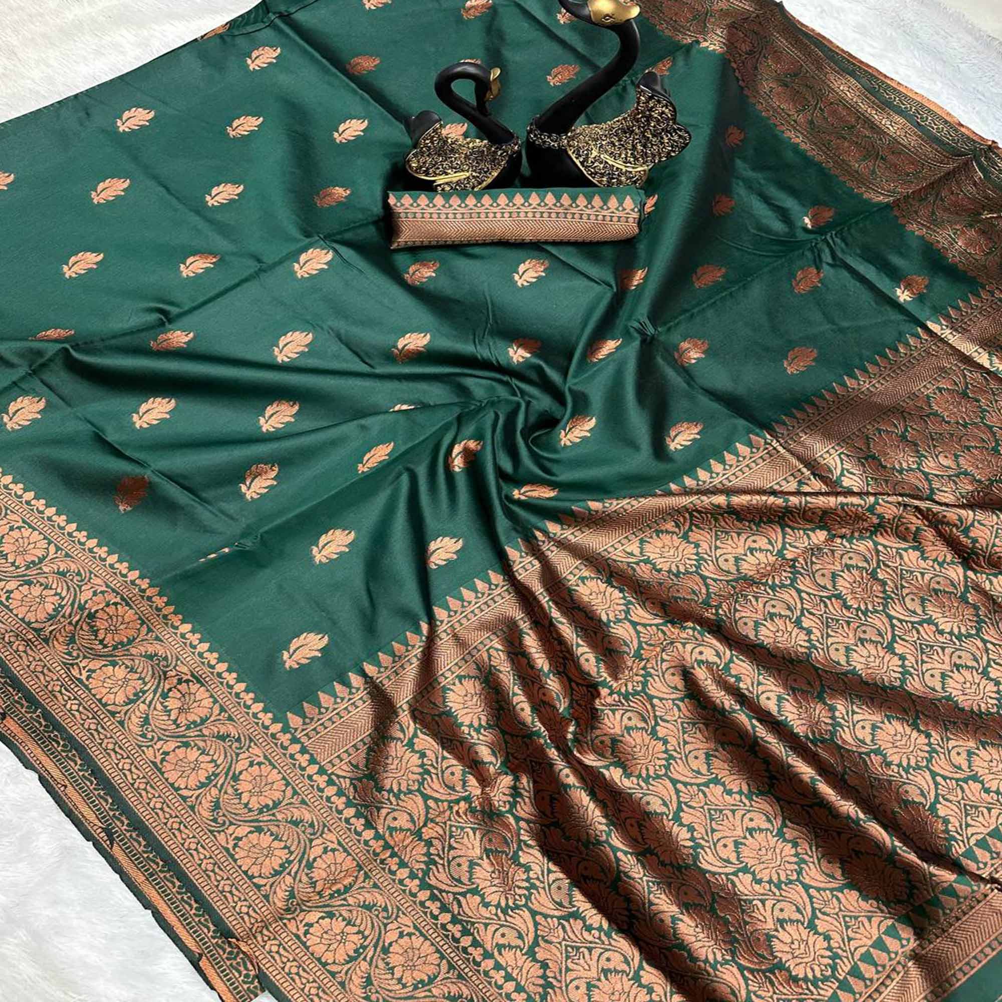 Green Organic Banarasi Silk Saree with Floral Zari Ornamentation