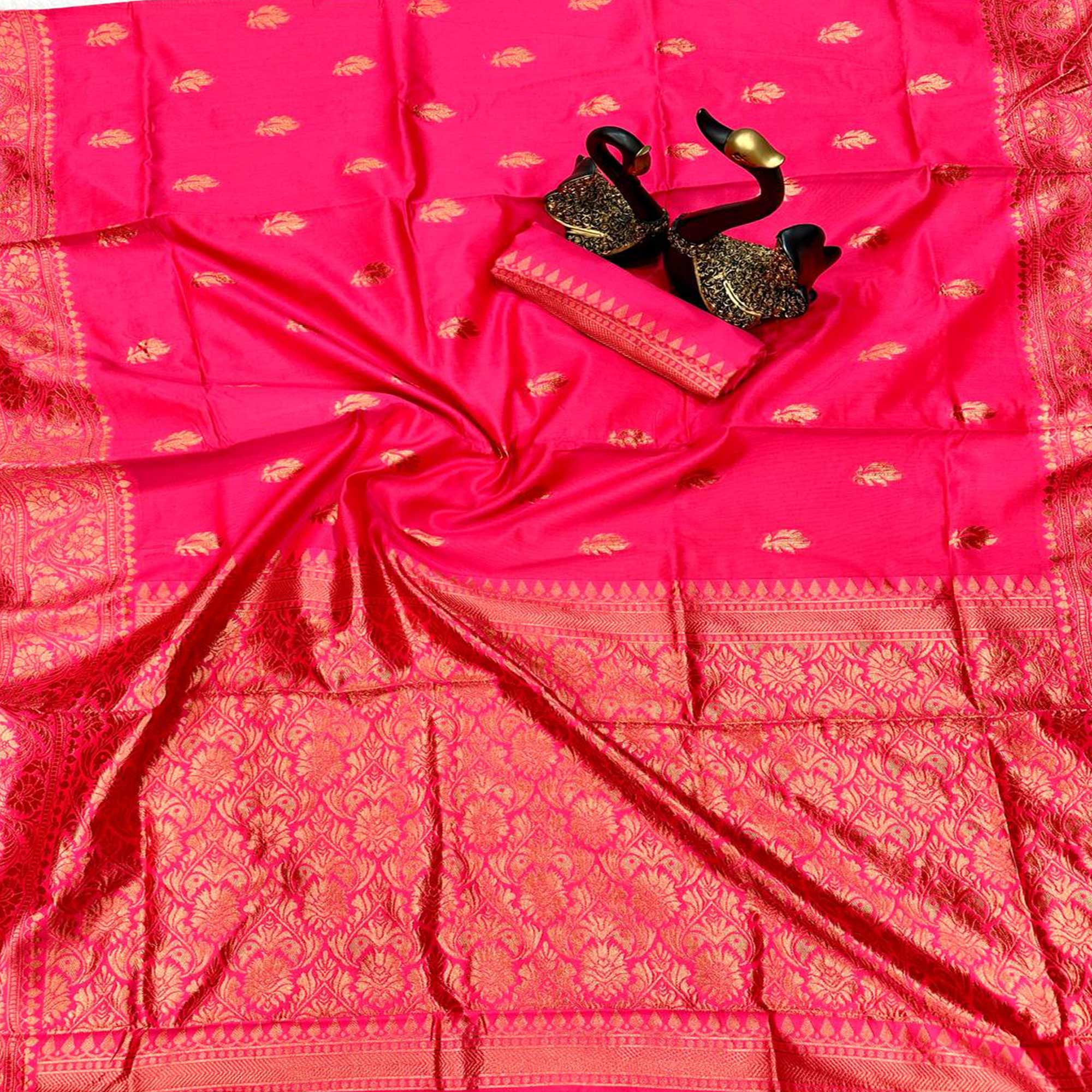 Pink Organic Banarasi Silk Saree with Floral Zari Accents